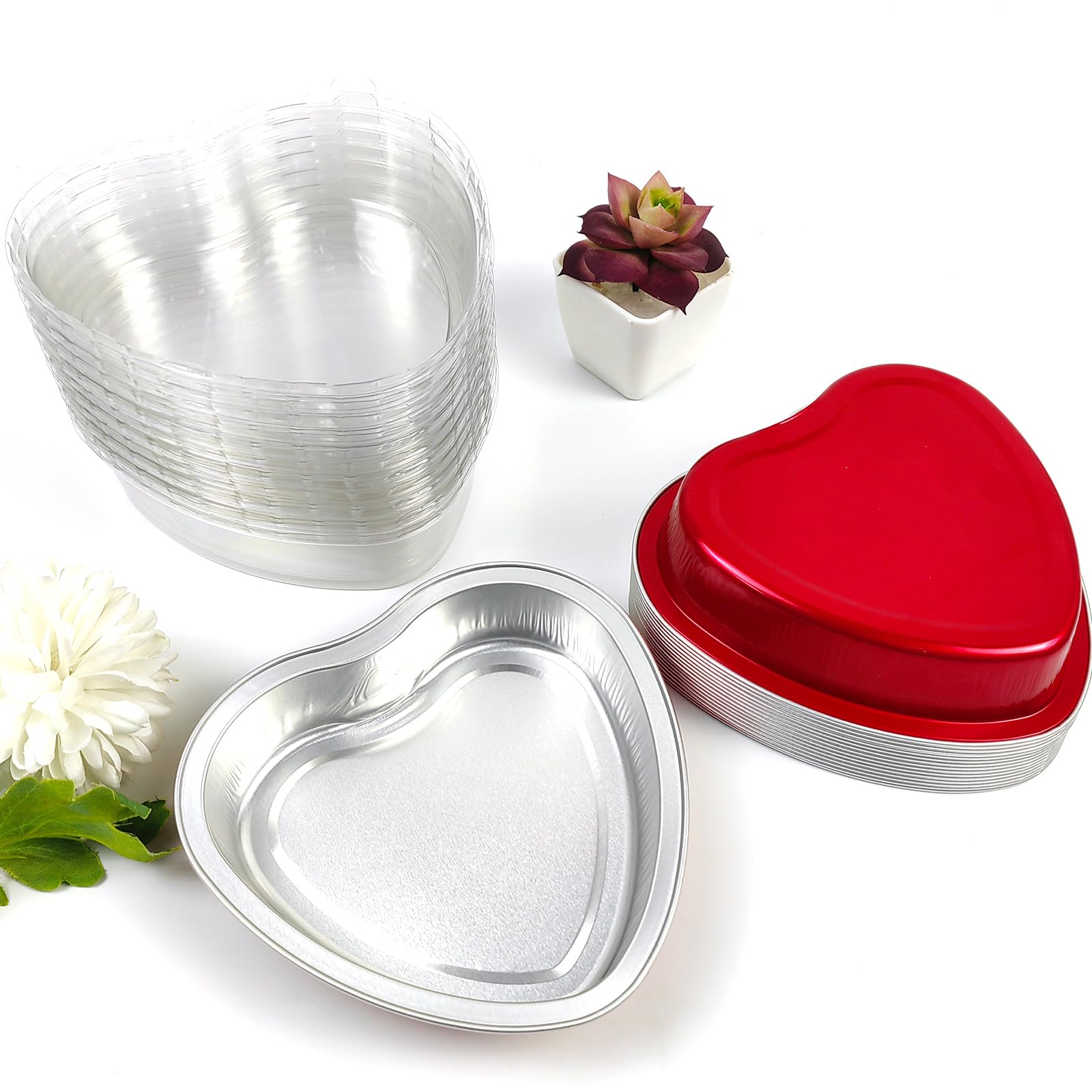 18 moldes grandes de aluminio en forma de corazón con tapas transparentes, 225 ml, desechables, moldes para tartas de corazón, moldes para hornear cupcakes, latas, recipientes de ramequines para el