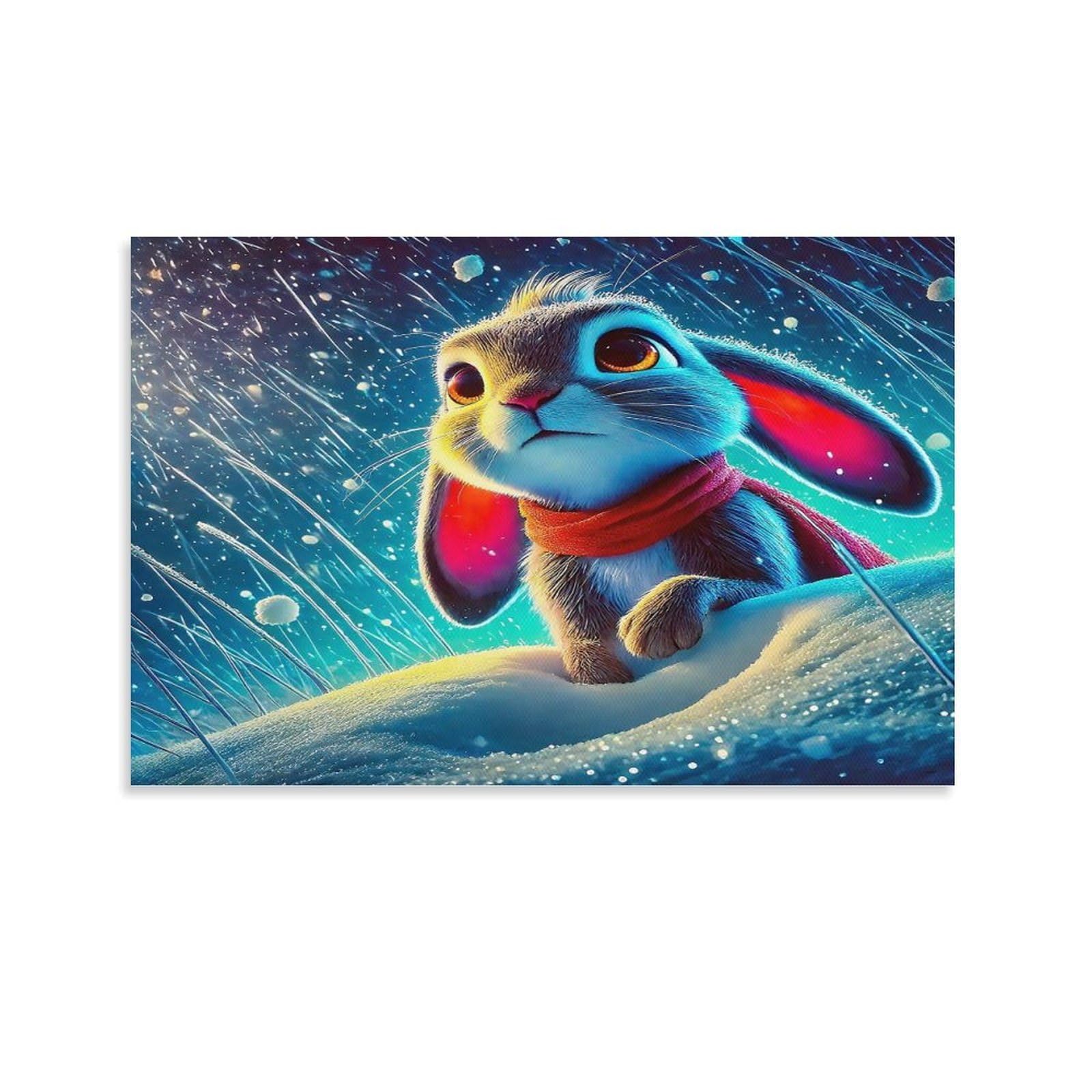CPLVKWRQJ Cute Bunny with Umbrella Individual Cartoon Rabbit Snow Red Scarf Canvas Wall Art - Office Canvas Print Fade Resistant Wall Focal Art Ready to Hang 12x18inch(30x45cm)