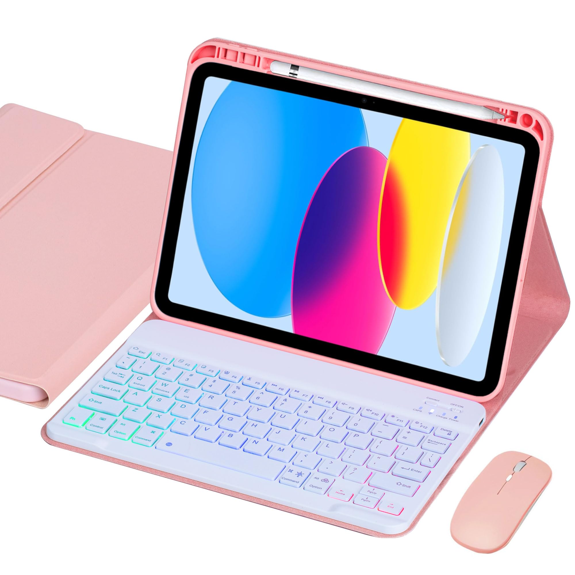 VLEAQC Keyboard Case for iPad (A16) 11th Gen 11 Inch 2025/ 10th Gen 10.9″ 2022, Wireless Rainbow Backlight Detachable Keyboard with Mouse, Thin &
