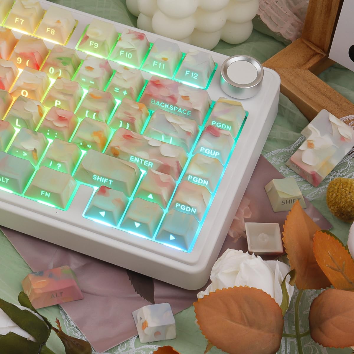 JOMKIZ Garden Oil Painting PBT Keycap Set - Side Printed Shine Through, 133 Keys Cherry Profile Keycaps, Dye-Sublimation Keycaps for 60%, 65%, 75%, 100% Cherry MX Mechanical Keyboard