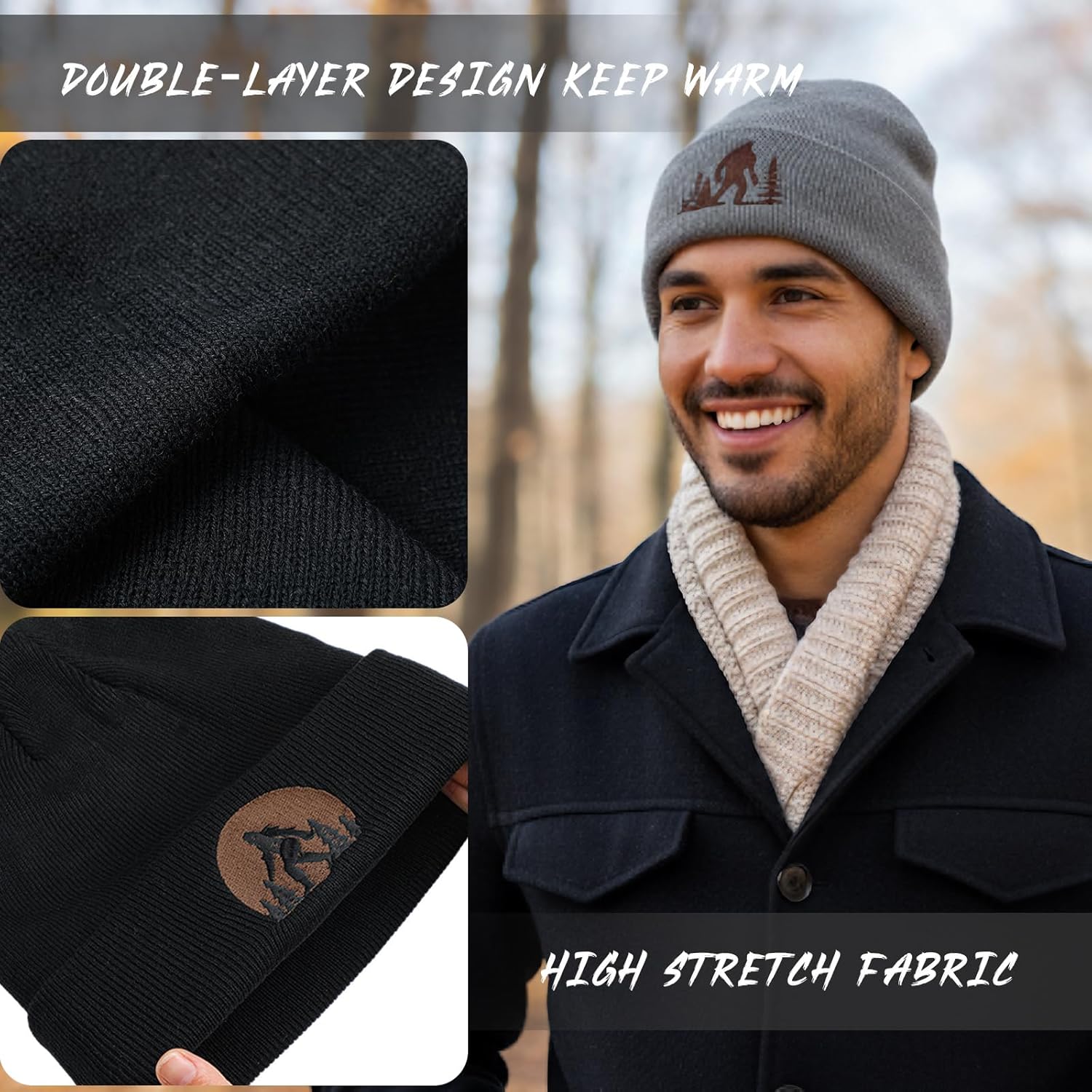 Berlune 3 Pcs Sasquatch Winter Beanie Hat Gifts for Men Winter Knit Cuffed Beanie for Men Women Warm Outdoor - Image 6