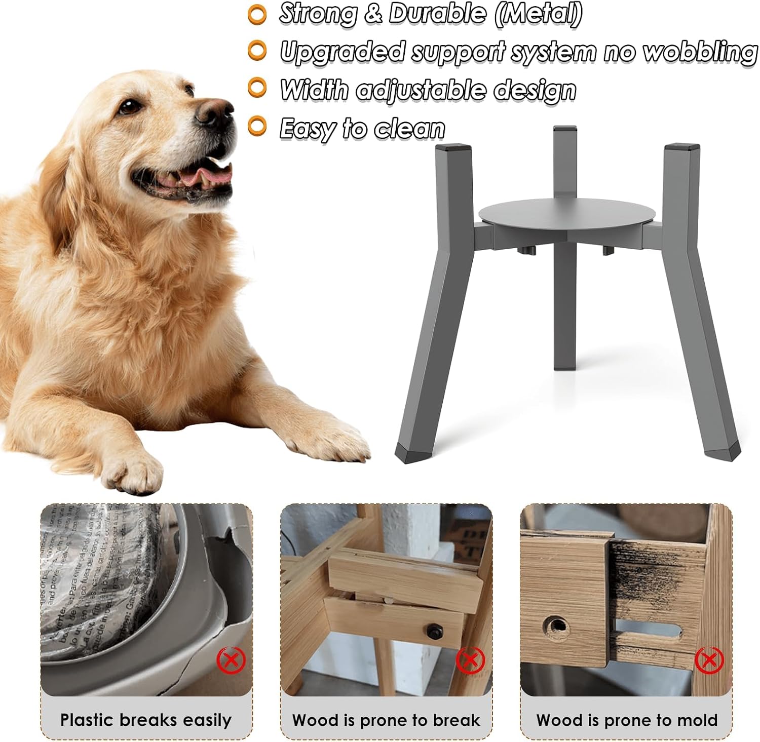 Elevated Dog Bowl Stand for Large Dogs with Platform, Adjustable Width 7-10.6", Raised Food Water Bowl Stand, Grey, Bowl NOT Included