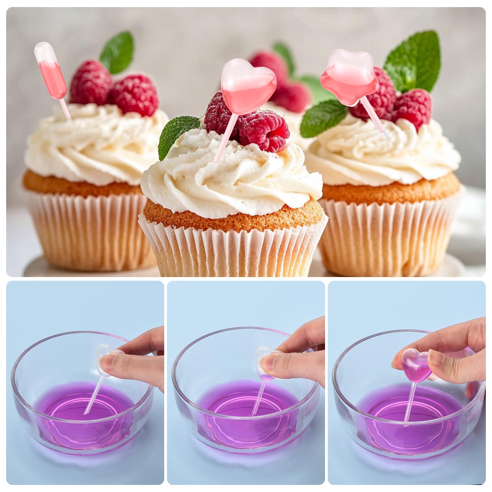 PATIKIL Pipetas para Cupcakes, 250 Pcs 4ml Pipetas Desechables de Plástico Pipetas de Fresa Pipetas de Transferencia Goteros para Cupcakes Postres, Transparentes, Forma de Corazón
