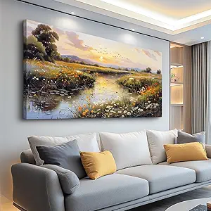 PHAOHUAXM Large Canvas Wall Art For Bedroom Wall Decorations For Living Room Office Decor Rivulet View Painting Farmhouse Field Scenery Watercolour Pictures Home Decoration Ready To Hang 24x48 In