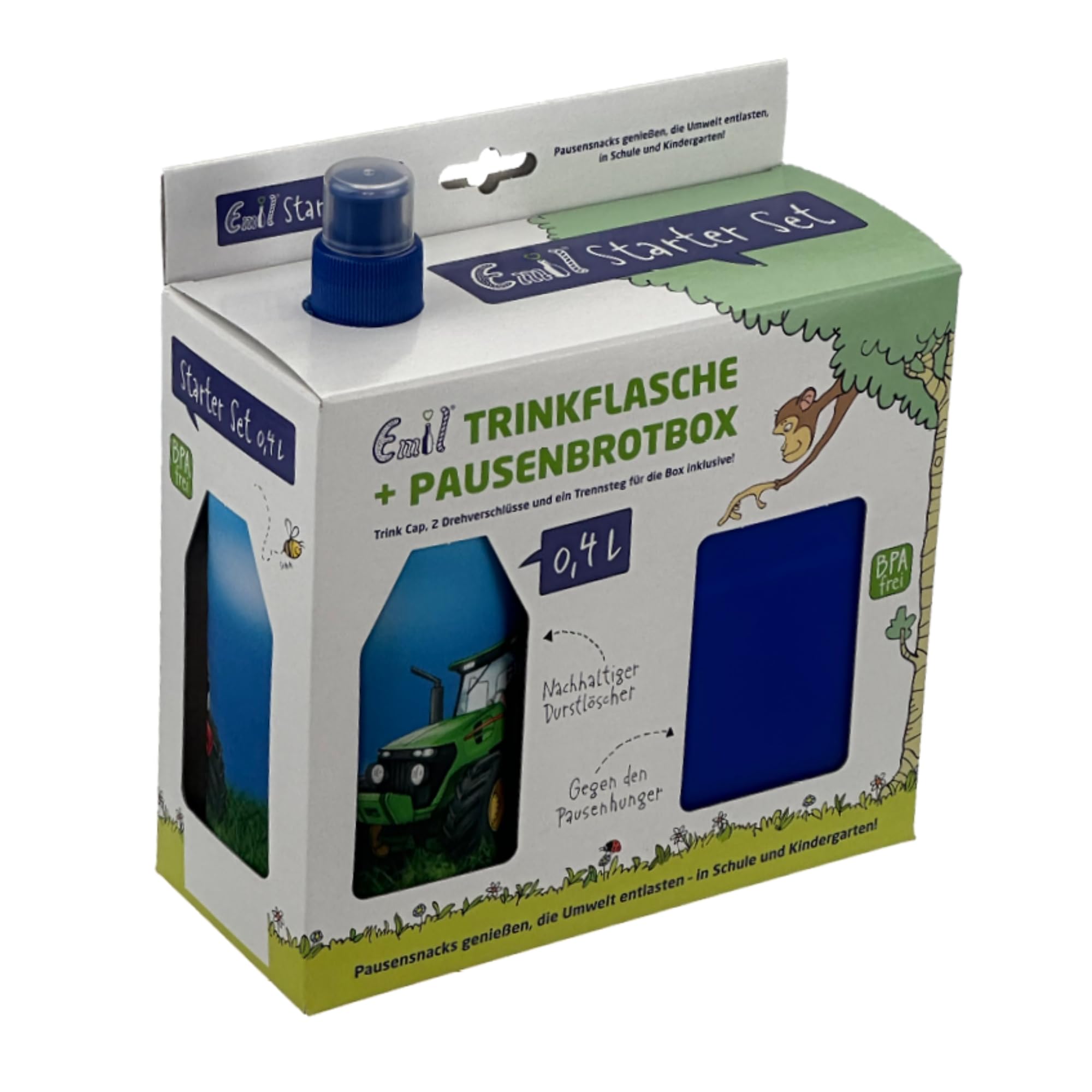 Emil Trinkflasche aus Glas inkl. Brotbox & Ersatzverschlüsse – Starterset zur Einschulung - BPA-frei & schadstofffrei, isolierend – Ziehverschluss für Wasser, Saft & Milch – Traktor (0,4l)