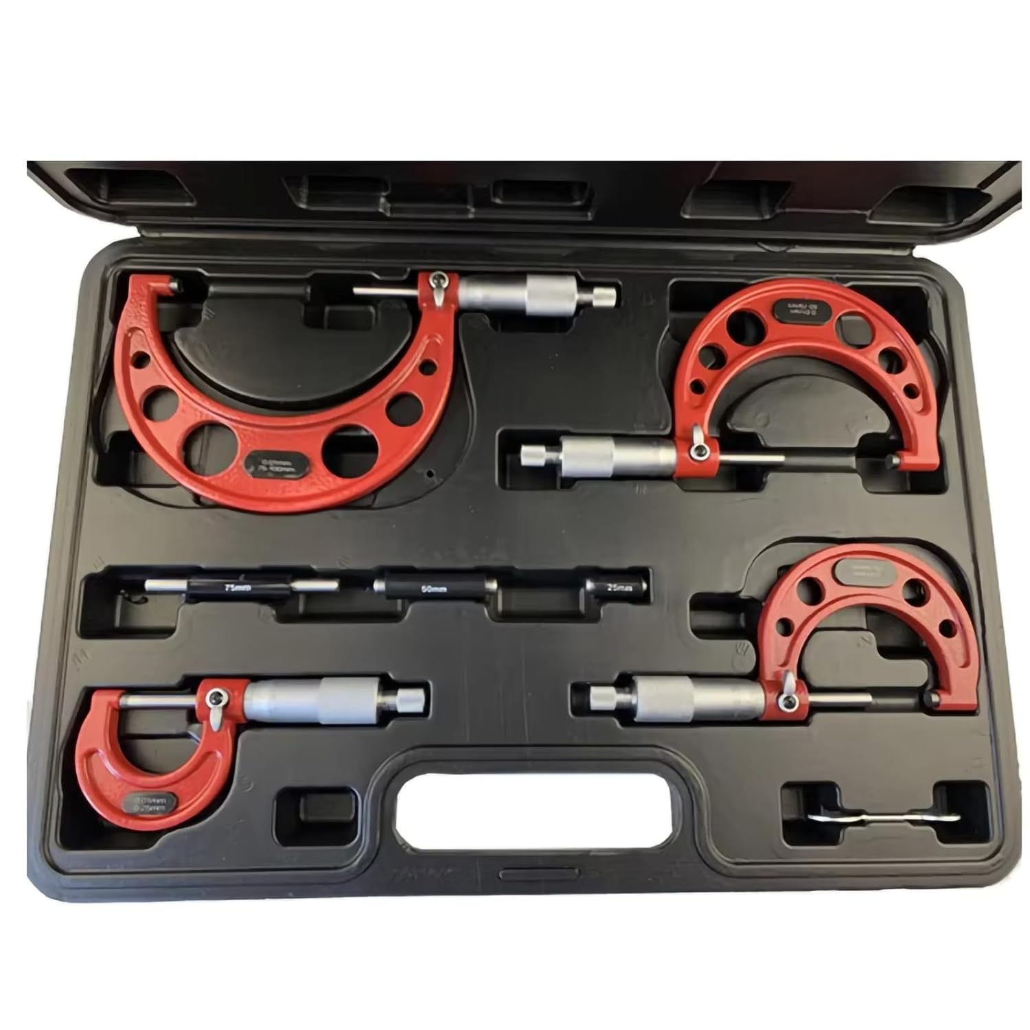 0-100mm Range 4-Piece Outside Micrometer Set with Standards & Ratchet Stop (0-25/50/75/100mm, 0.01mm Graduation),Red