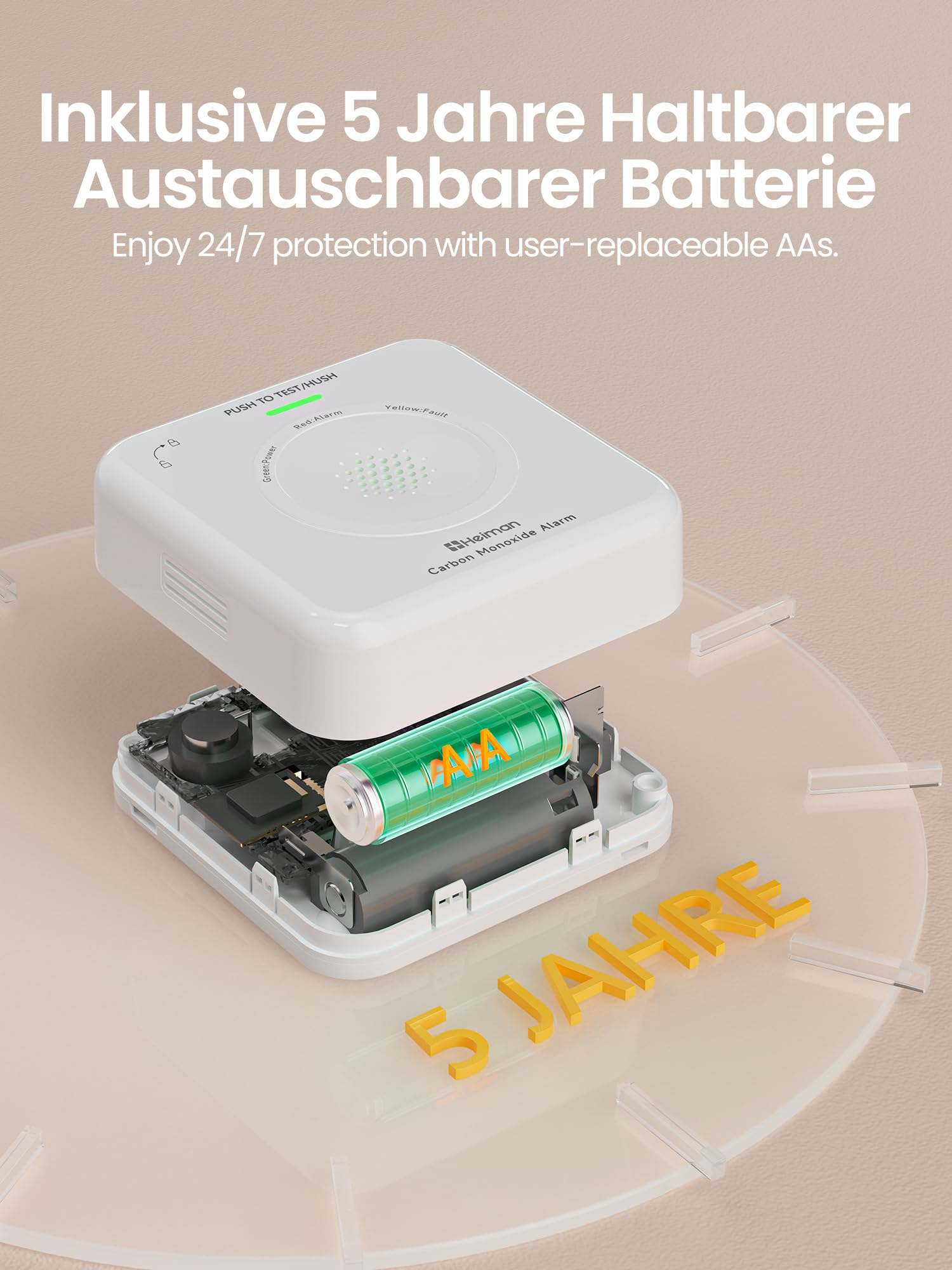 Heiman Détecteur de Monoxyde de Carbone Intelligent Matter (Hub Requis) - Détecteur CO pour SmartThings & Home Assistant, Certifié en 50291, Piles AA Remplaçables, Capteur 10 Ans, 85dB, HS-725ES-M