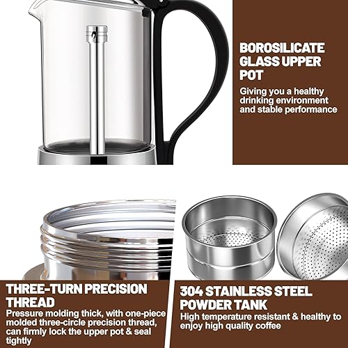 Miniatura 7 de Olla de vidrio transparente de 6 tazas de acero inoxidable sin recubrimiento, cafetera italiana, cafetera moca greca, cocina clásica de inducción