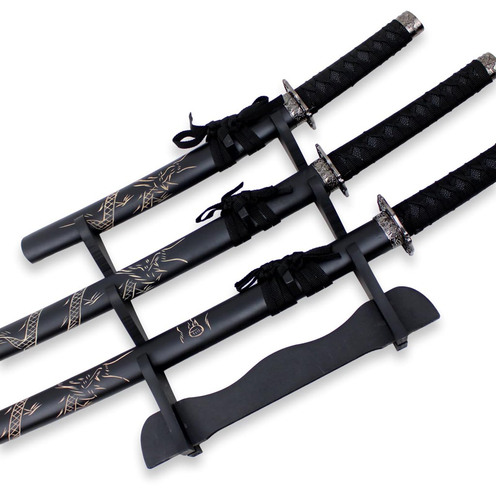 Set de katanas samurái Dragón Negro, juego de 3 espadas acero 1095 52/75/100 cm, entrenamiento y colección