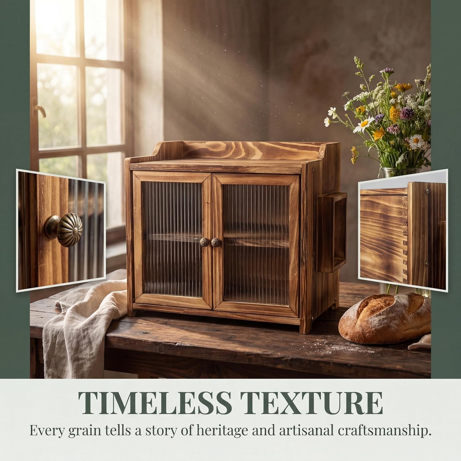 Farmhouse Wooden Bread Box with Double Fluted Glass Doors, 2-Tier Counter Corner Storage Cabinet, Rustic Kitchen Countertop Organizer for Bread Coffee Spices