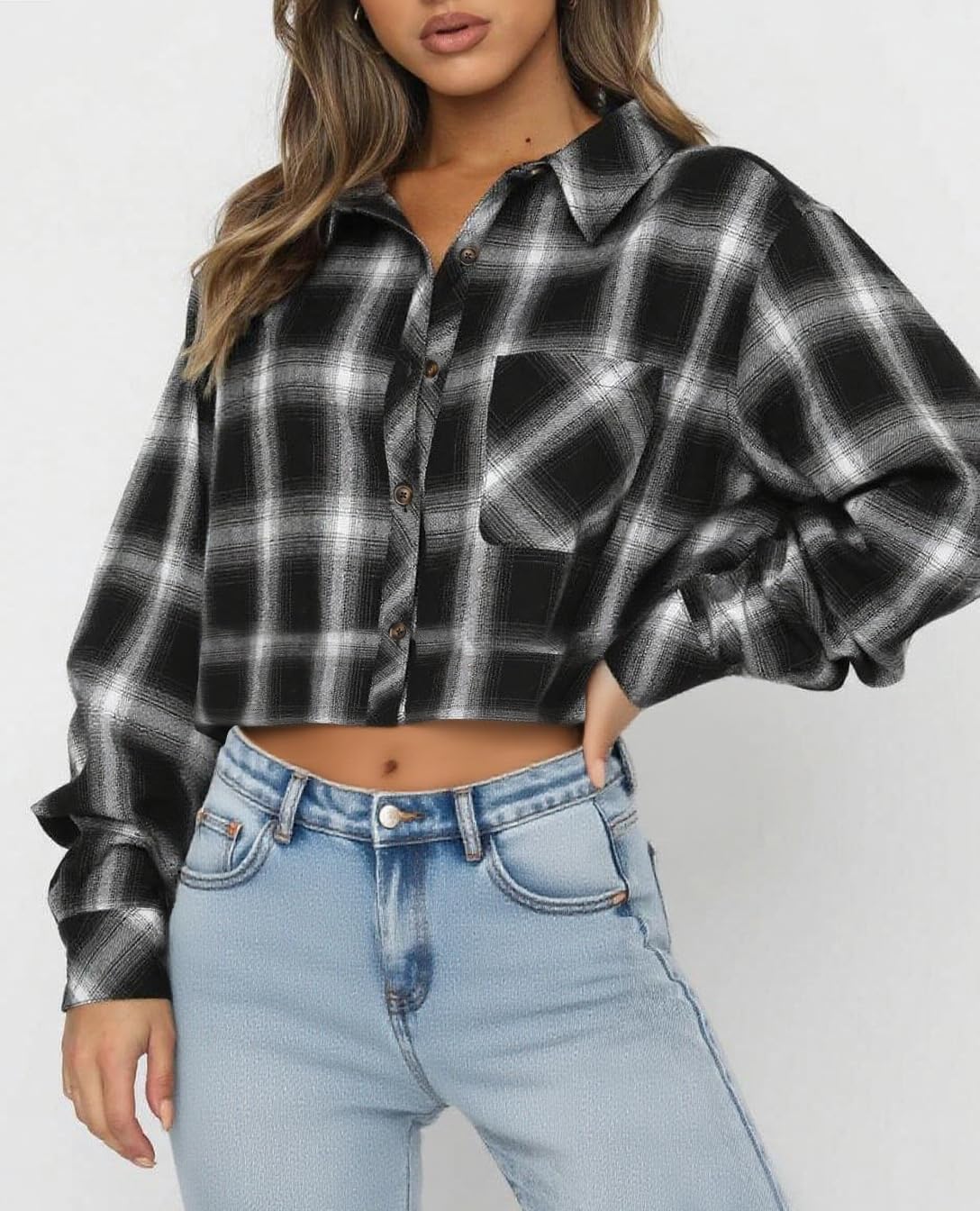 INFITTY Womens Flannel Jacket Cropped Shacket Plaid Jacket Button Down Coat 2026 Fall Fashion Trendy Outfits - Image 3