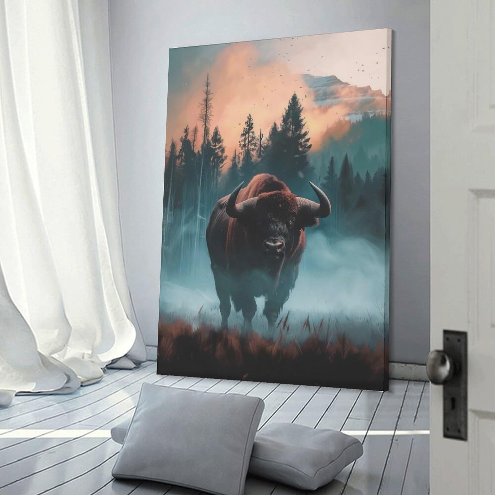 Junmoney Bison in Misty Forest Wall Picture Print 16x24inch(40x60cm), for Lounge Decor, Offices Or Entryway Styling, Versatile Wall Decor for Many Rooms