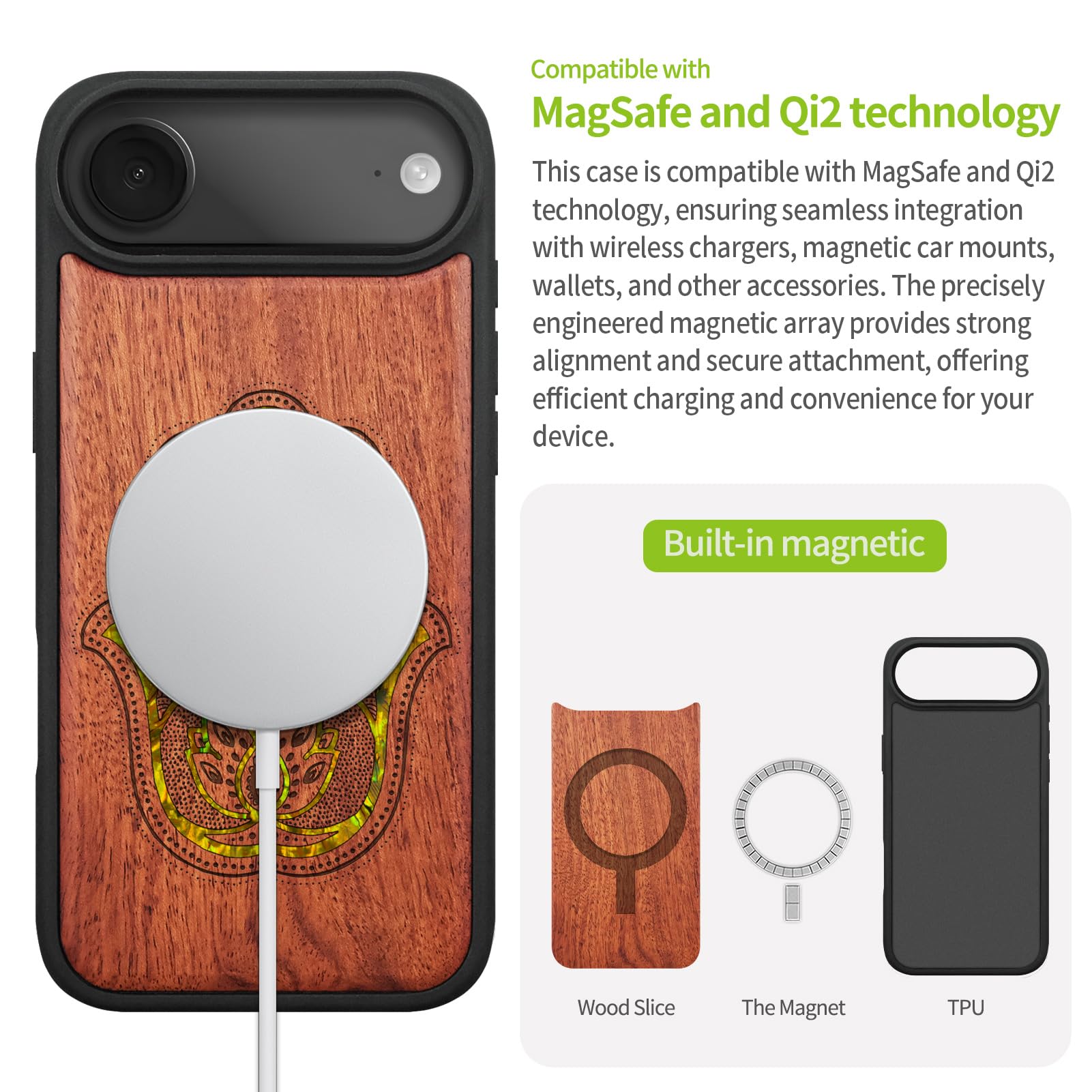Carveit Funda Magnética para iPhone Air Compatible MagSafe [Madera y incrustación de mejillones] Protectora Antigolpes para iPhone 17 Air Carcasa (Rosa-Armonía Étnica)