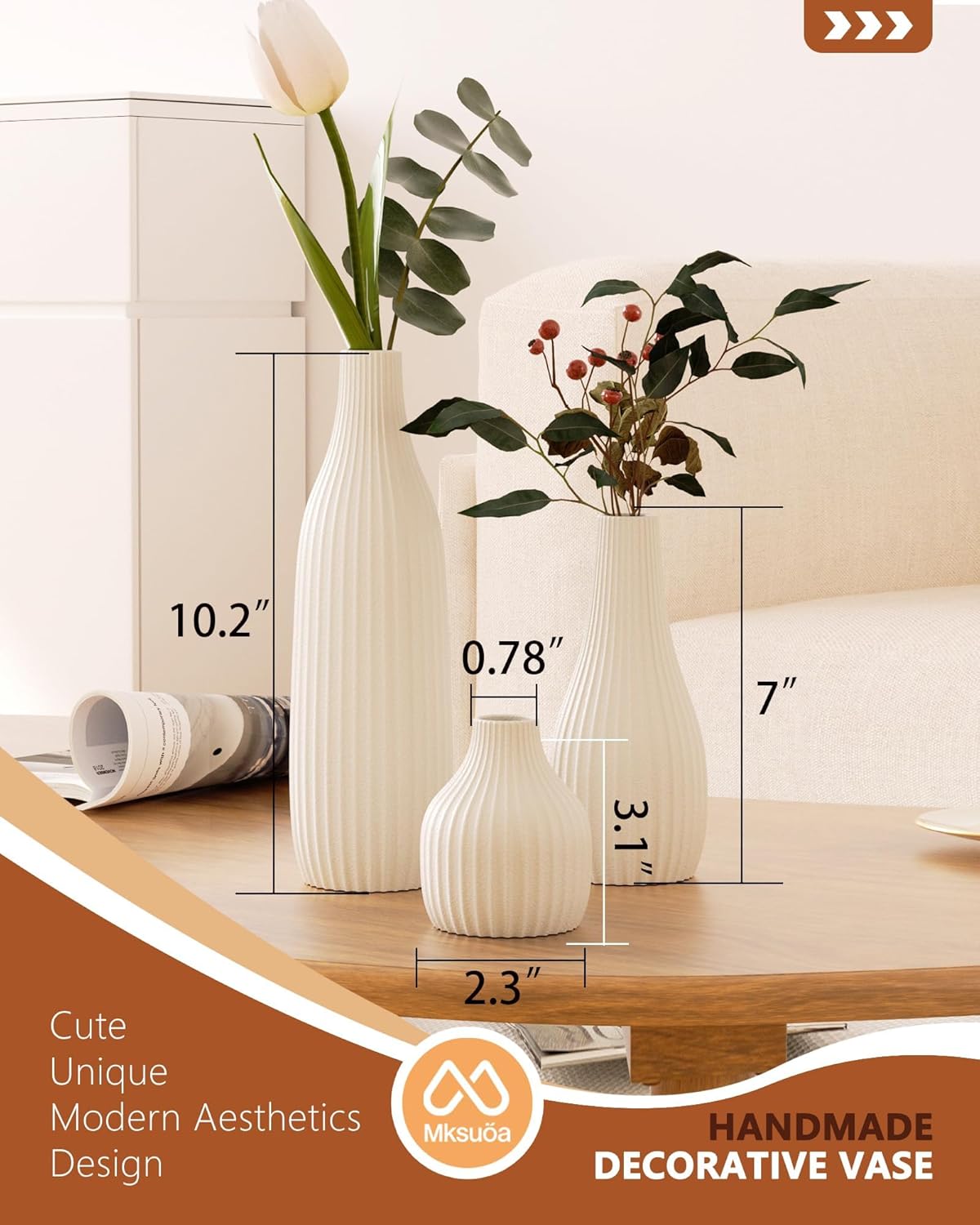 Decorative Flower Vase Set of 3 - Modern Boho Style White Vases, Ribbed Textures Ceramic Vase for Home Decor Shelf Bookshelf Mantle TV Stand Entryway Console, Dining Table Centerpiece Decor