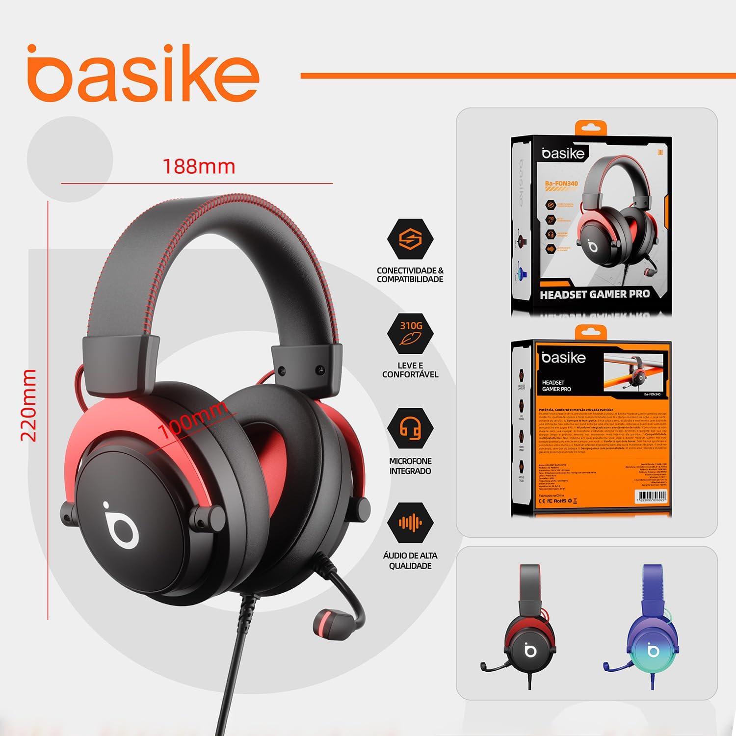 Basike Ba-FON340 Pro Gaming Headset dimensions and packaging