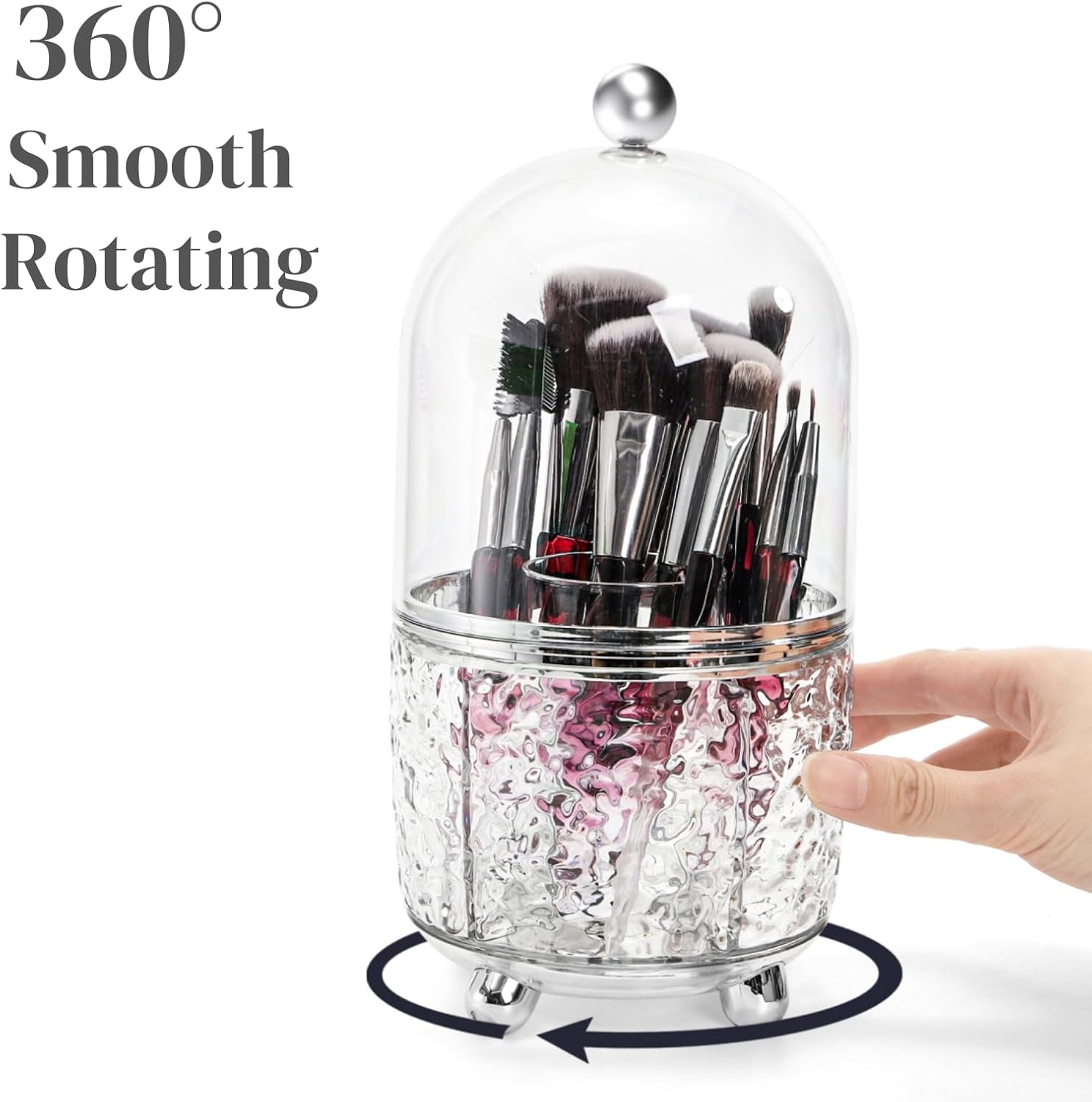Rotating Makeup Brush Holder, Dustproof Cosmetic Tools Organizer with Lid, 360° Spinning Covered Brushes Storage with Anti-slip Pads for Vanity, Bathroom Countertop & Bedside Table, Clear - Image 3