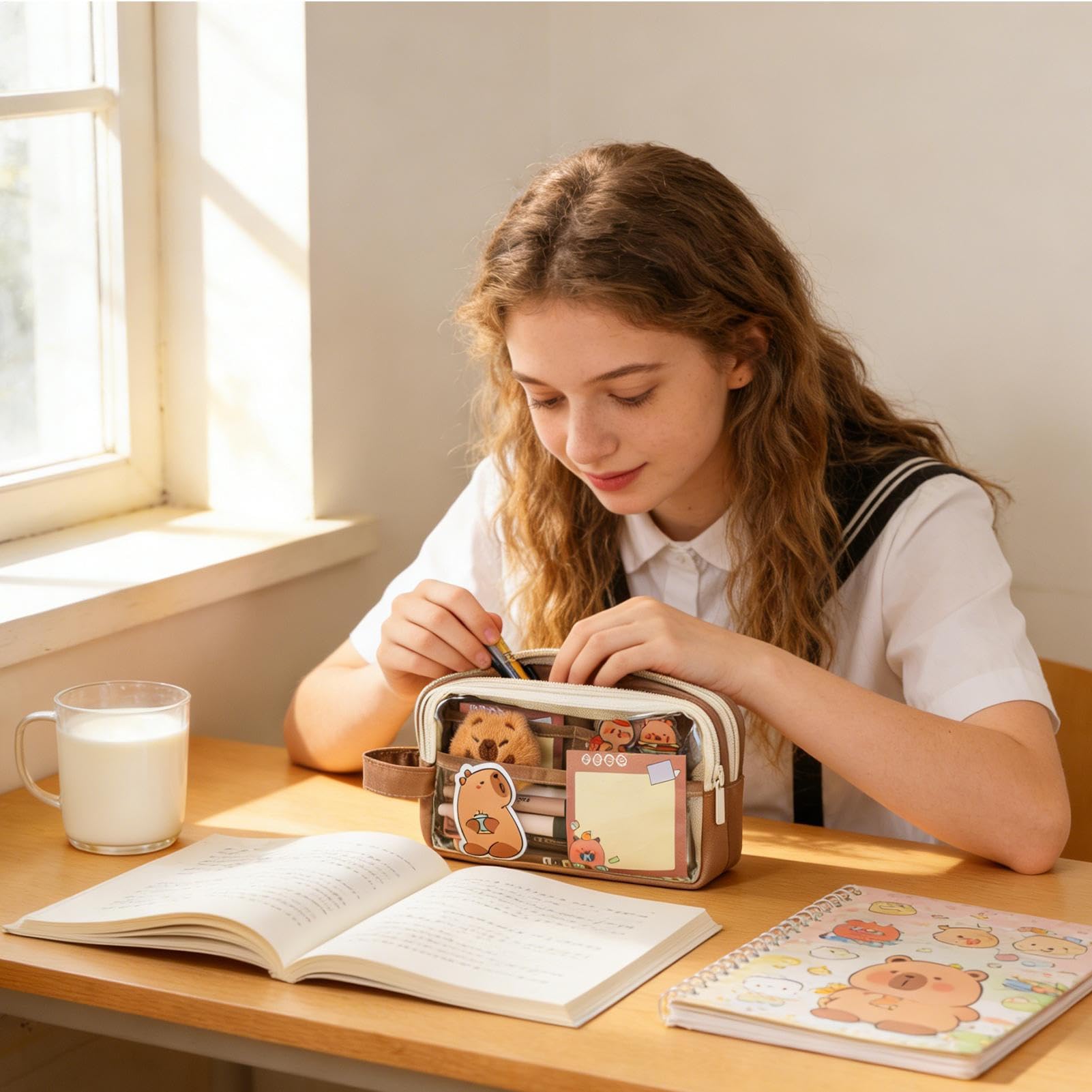Generisch Estuche de lápices Capybara - Estuche múltiple con pegatinas | Bonito juego de papelería de animales | Para la escuela, enseñanza, habitación infantil, adolescentes, estudiantes, regalo de