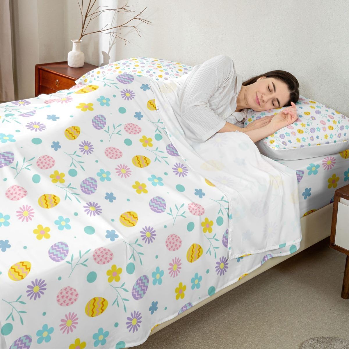 jejeloiu Easter Eggs Sheet Set King Size Kids Floral Flower Sheets with Deep Pocket Fitted Sheet for Boys Girls Teens Happy Easter Bed Sheets Set Geometric Bedding Set Room Decor