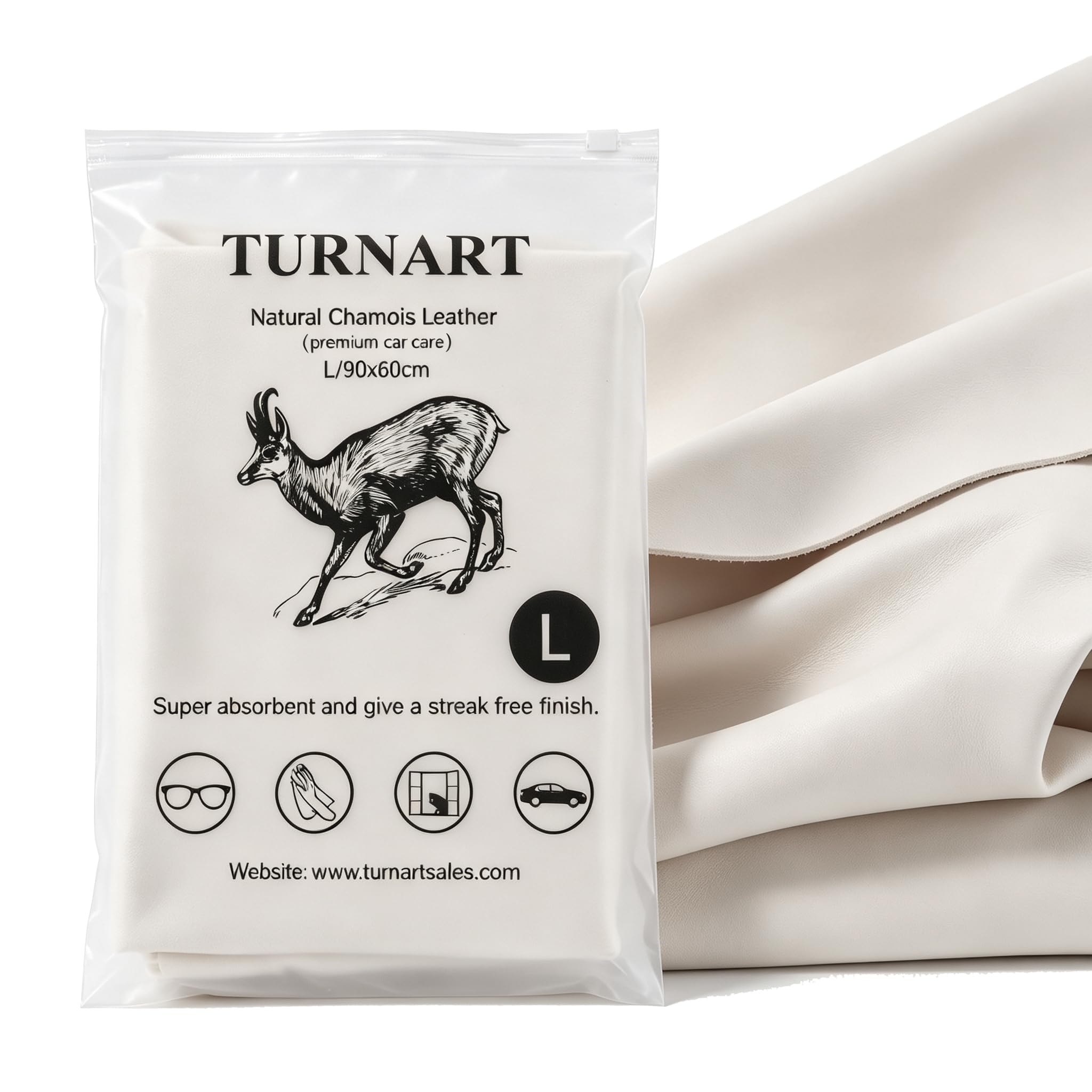 Turnart Genuine Chamois Leather for Car Drying Car Wash Shammy Cloth for Cleaning (L/90x60cm)