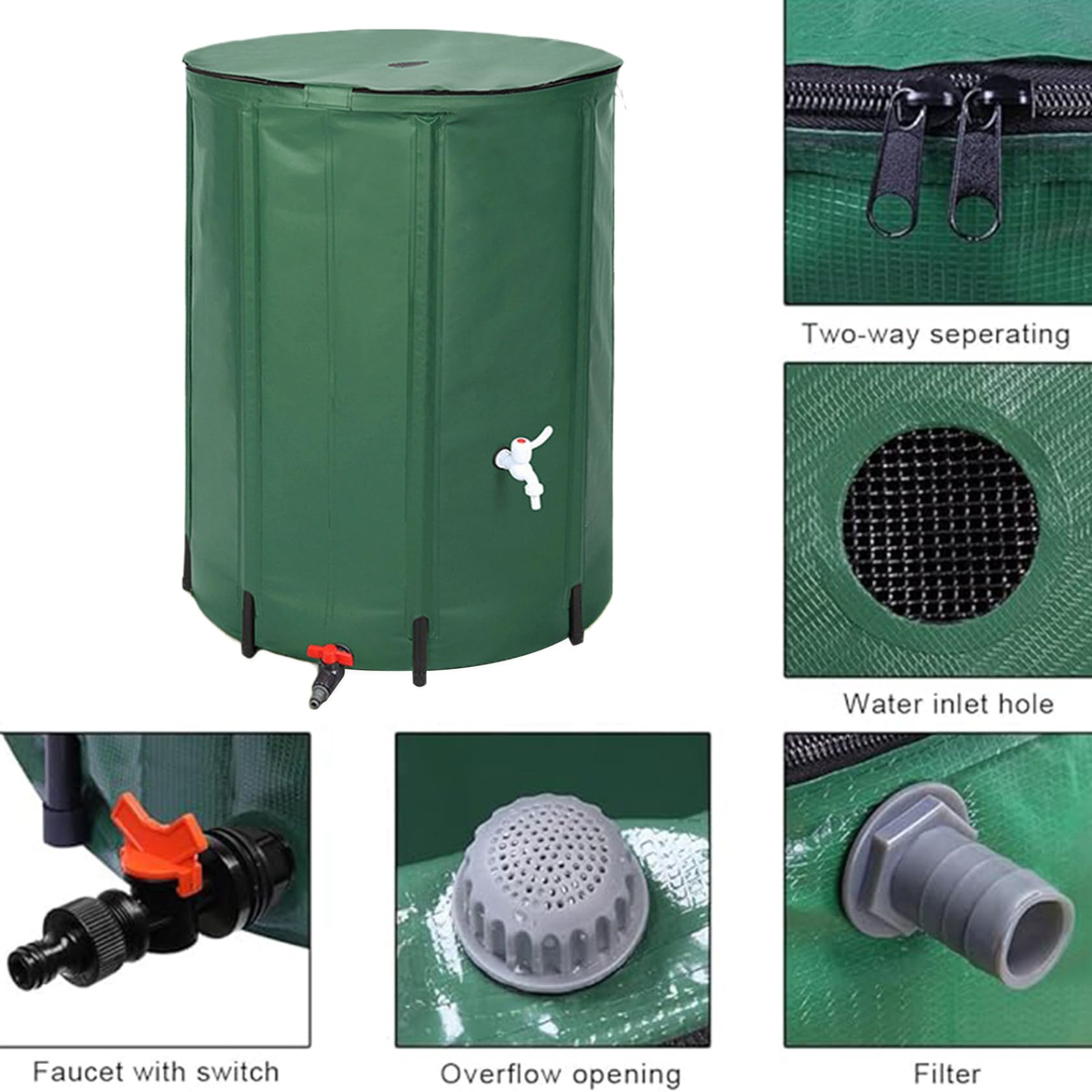 Barile per la raccolta dell'acqua piovana pieghevole da 13 galloni/50 litri in PVC con rubinetto e foro di troppopieno Chiusura con cerniera Serbatoio di stoccaggio dell'acqua finemente sigillato