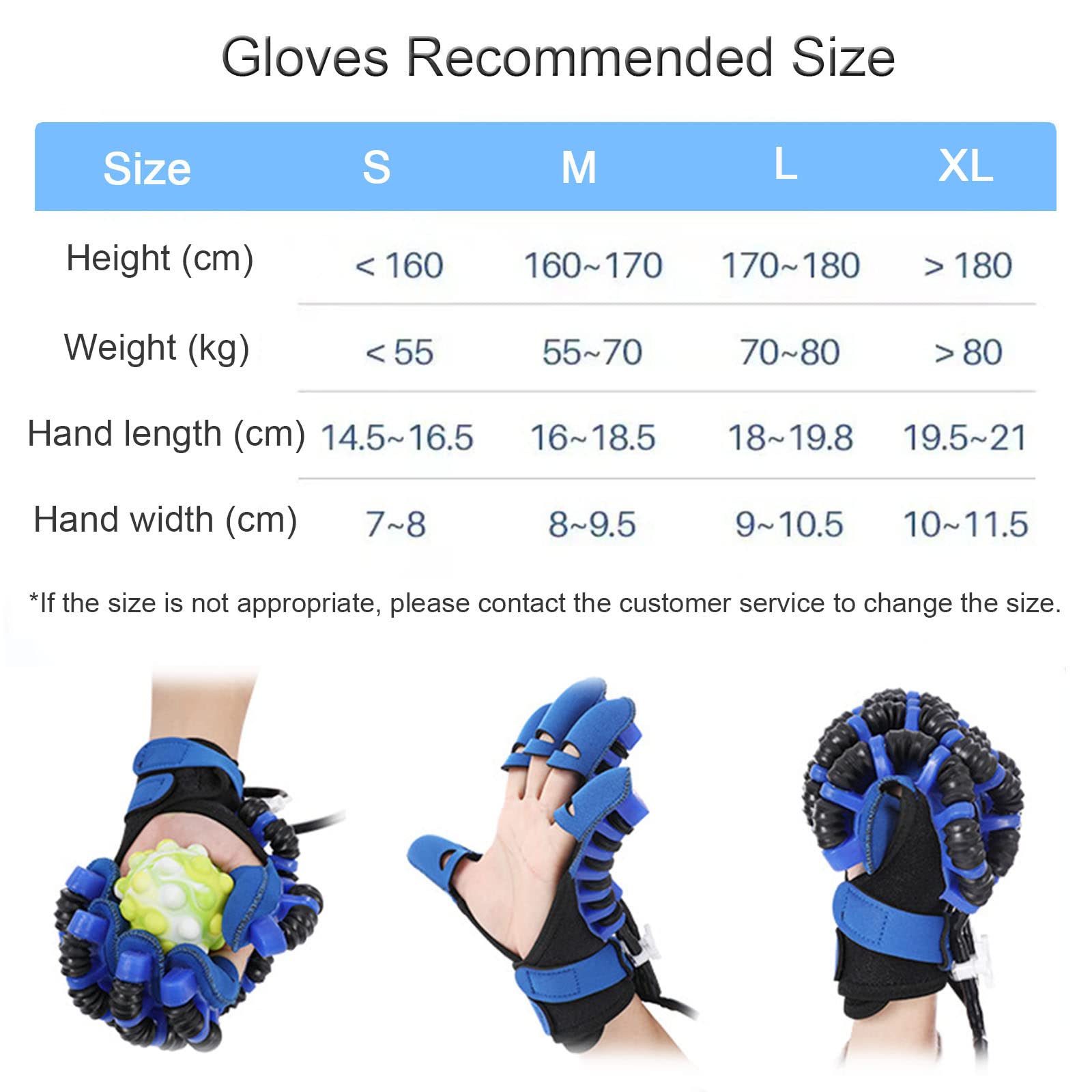 Hemiplegia Finger Rehabilitation Trainer Rękawice, trening palców, ortoza palca, funkcjonalna szyna ręczna dla pacjentów z udarem, niebieski,Right-XL