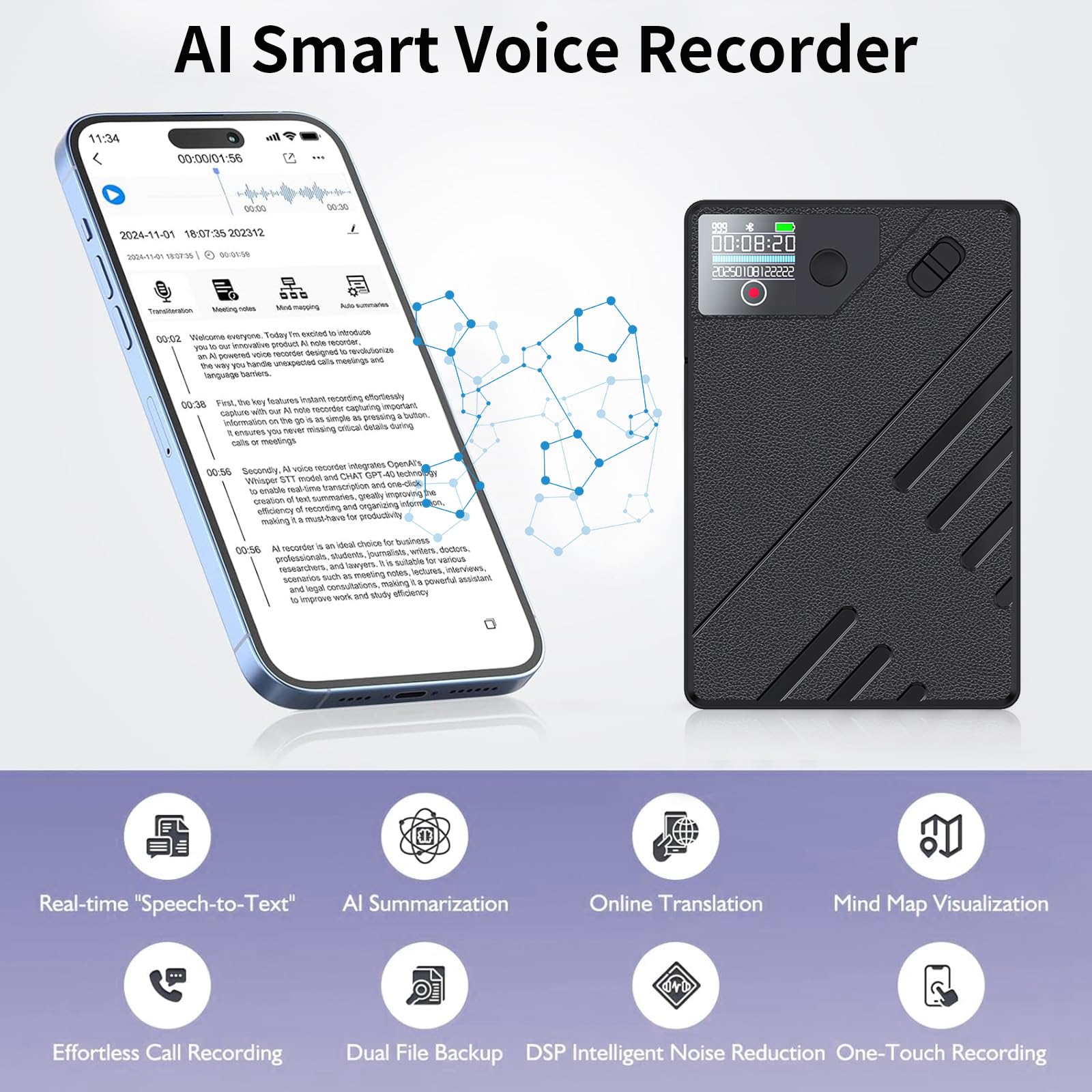 KI Digitales Diktiergerät, 64GB Speicher Aufnahmegerä mit ChatGPT 40 vom Transkribieren und Zusammenfassen für 93 Sprachen,One Touch Aufnahme,Voice Recorder Sprachrecorder für Vortrag, Meetings,Anruf