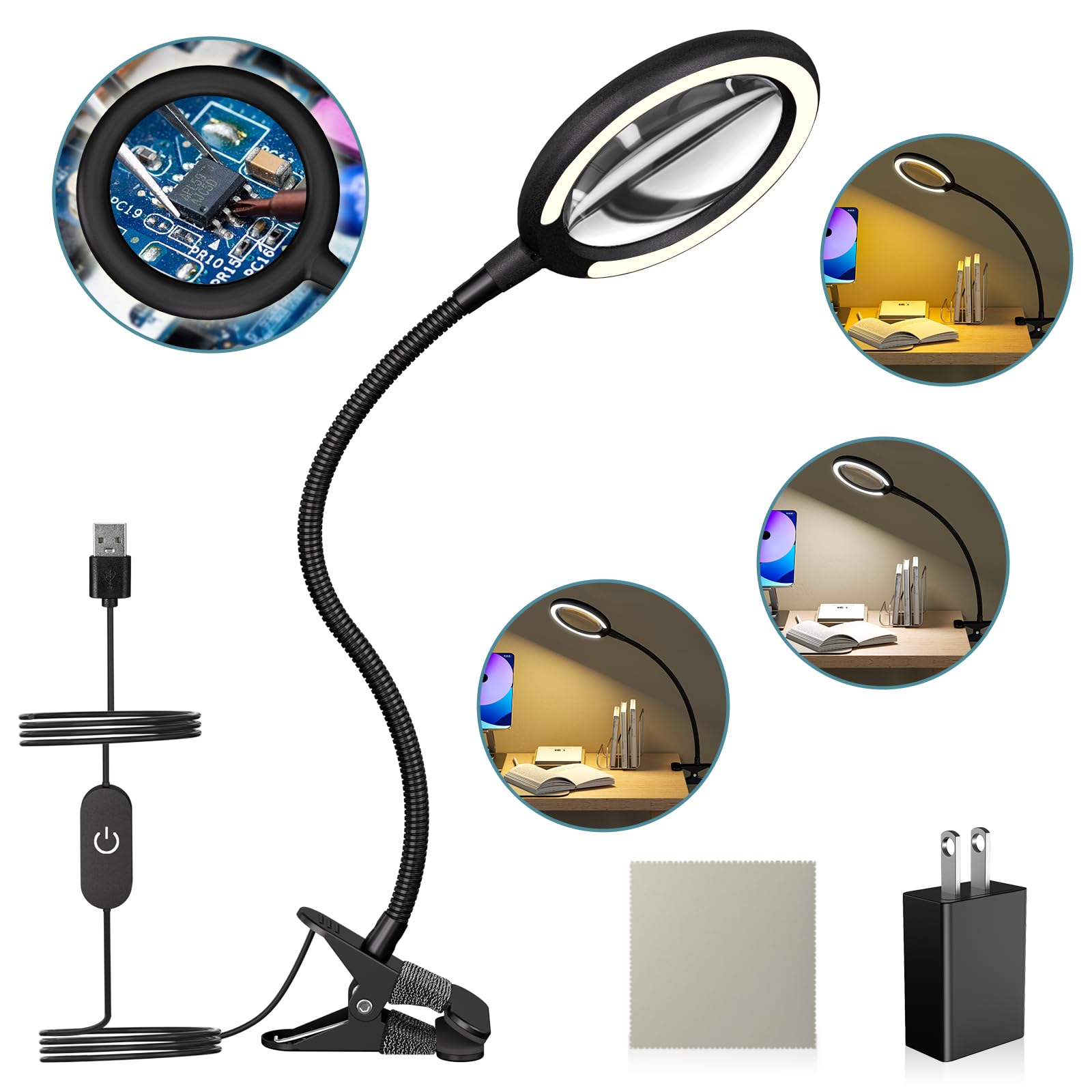 DUDSOEHO Magnifying Glass with Light and Stand and Clip,3X Lighted Magnifying Glass with 3 Color Modes, Flexible Gooseneck LED Desk Lamp Hands Free for Craft Reading Painting Hobby Close Work