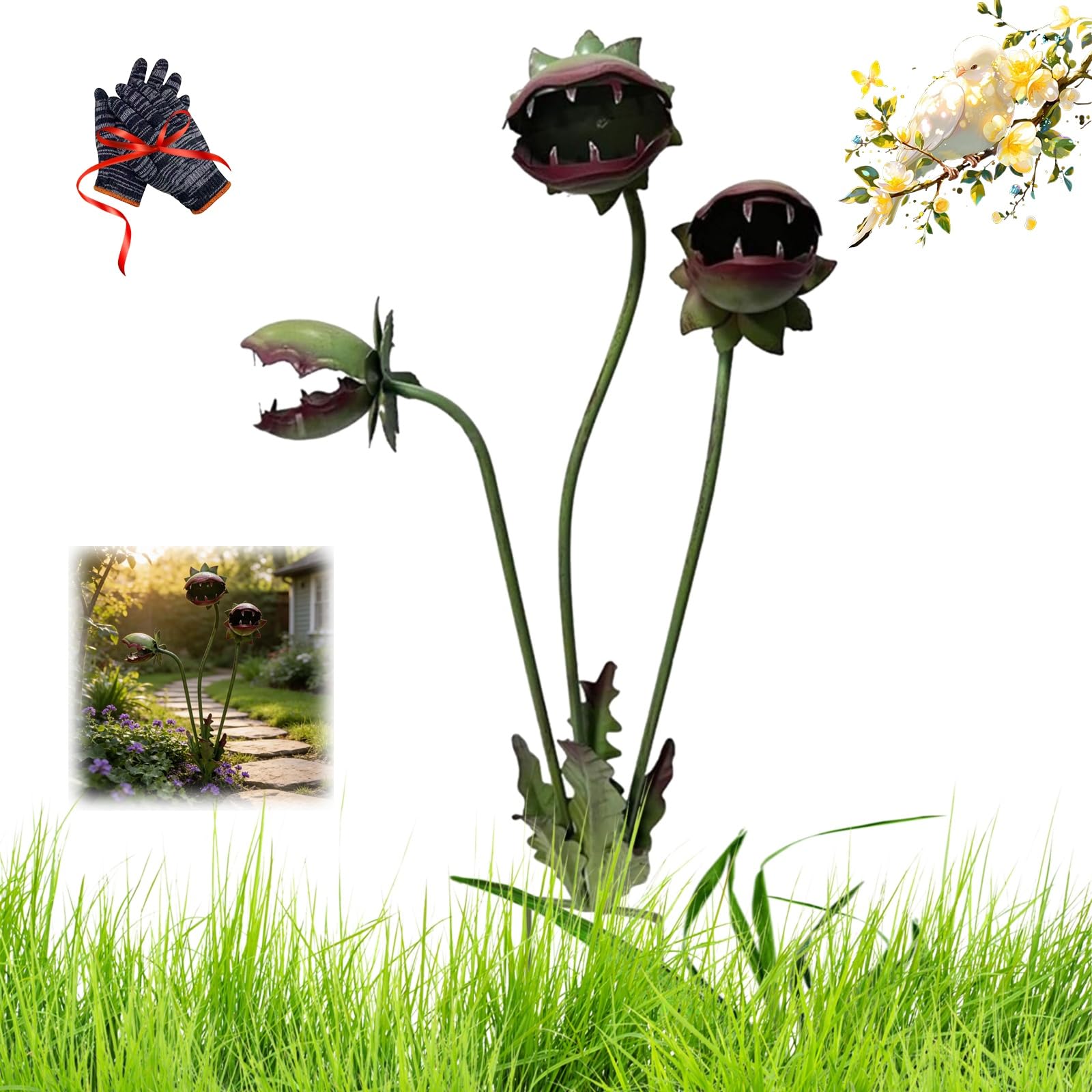 Zbello 1Pc Whimsical Metal Carnivorous Plant Garden Stake, 25-Inch Large Venus Flytrap Monster Plant Sculpture, Durable Yard Art For Flower Beds, Patios & Planters, Unique Metal Art Ornament For Gift (1Pc)
