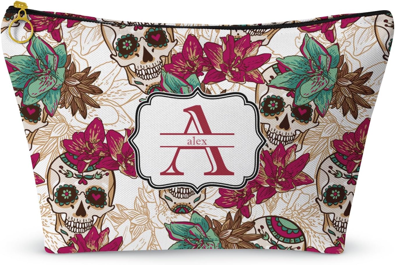 Personalized Sugar Skulls & Flowers Makeup Bag - Large - 12.5"x7"