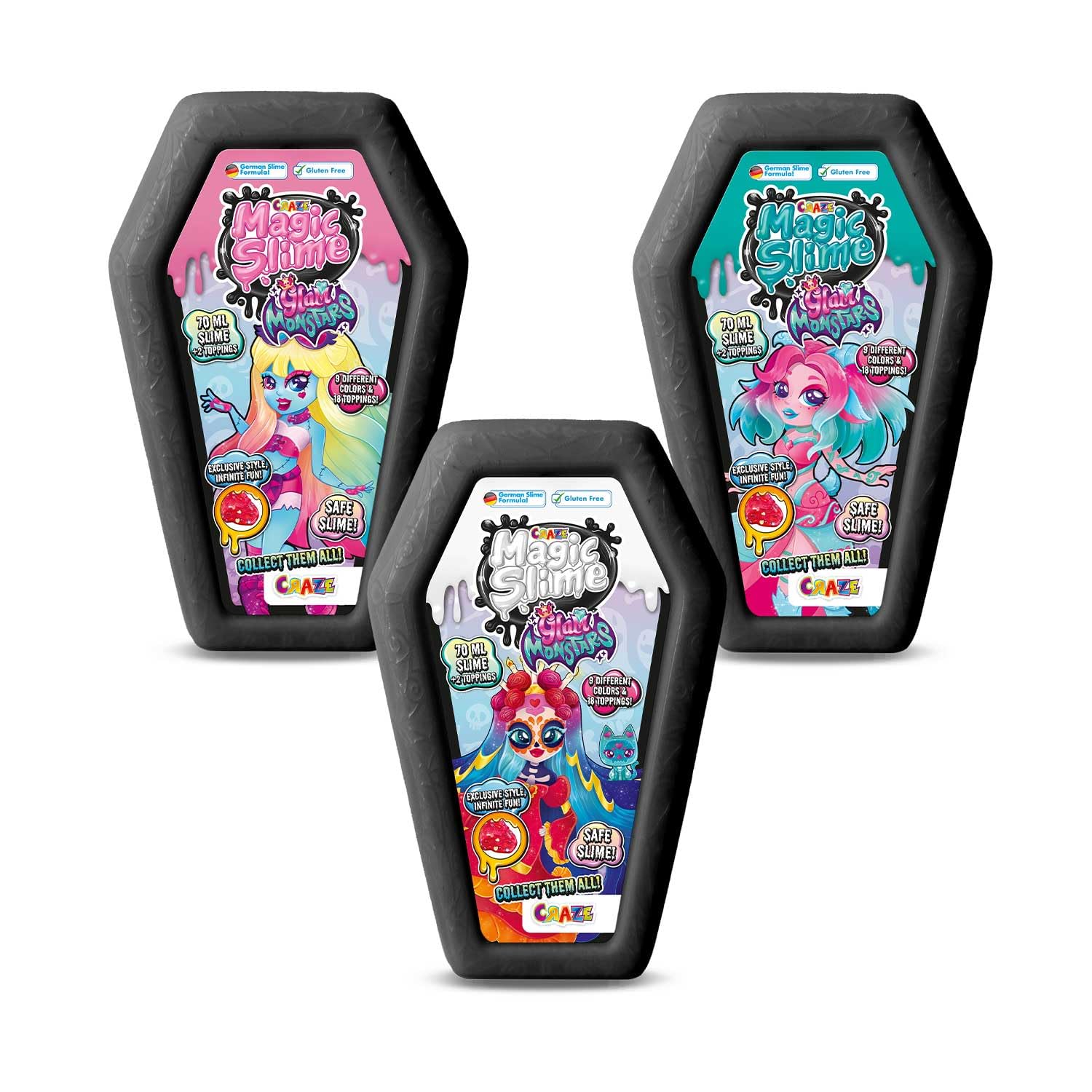 CRAZE MAGIC SLIME Glam Monstars Monz Slime Kit 3 Pack – Glitter Putty for Kids with Coffin Box, Sensory Toy and Mixable Toppings – Cute Girly Stuff, Kids Toys