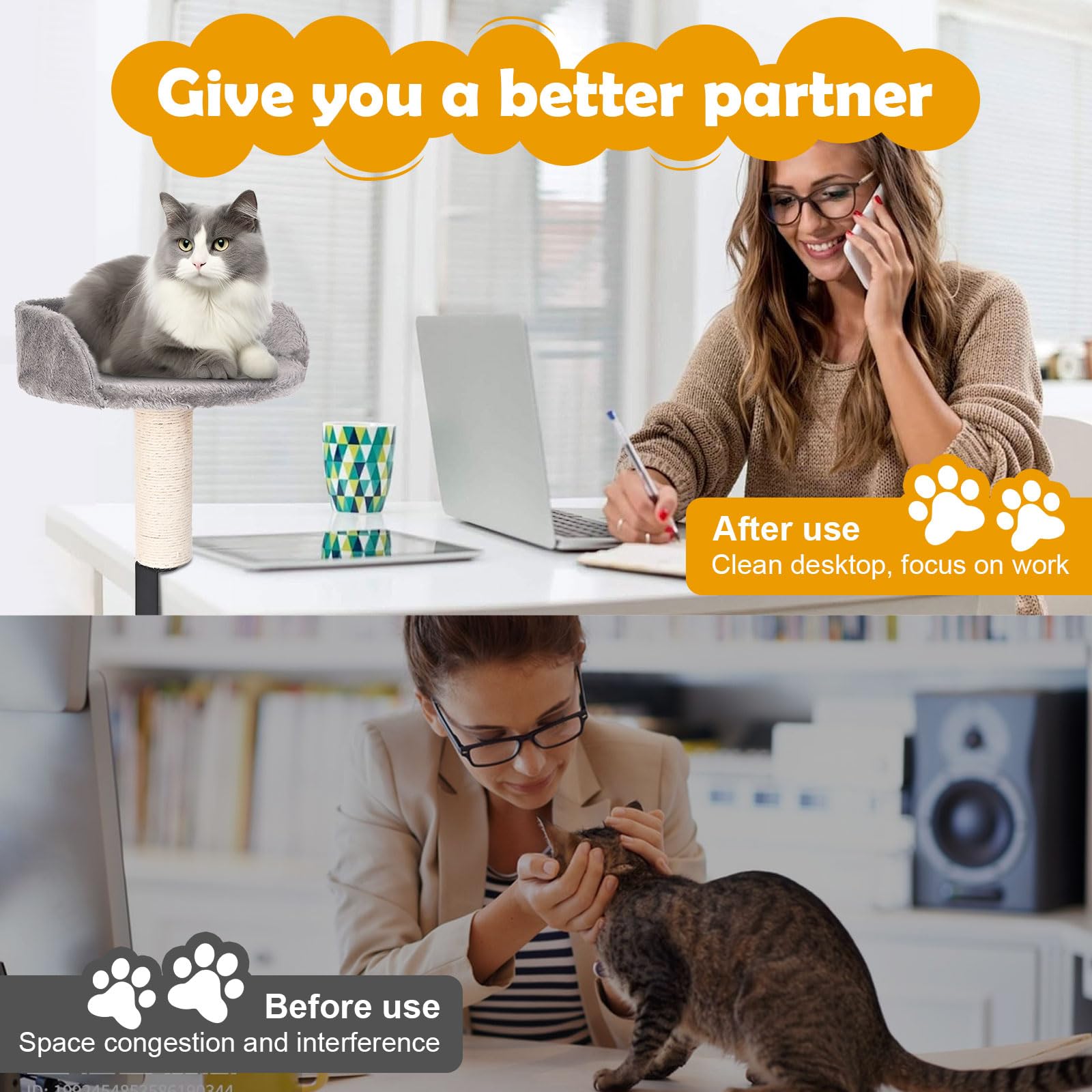 Hivexagon Katzen-Schreibtischbett mit Kratzsäule und weicher Plüschpolsterung. Ermöglicht Ihrer Katze, gemeinsam mit Ihnen zu Lernen und zu Arbeiten. Bis zu 4 kg belastbar