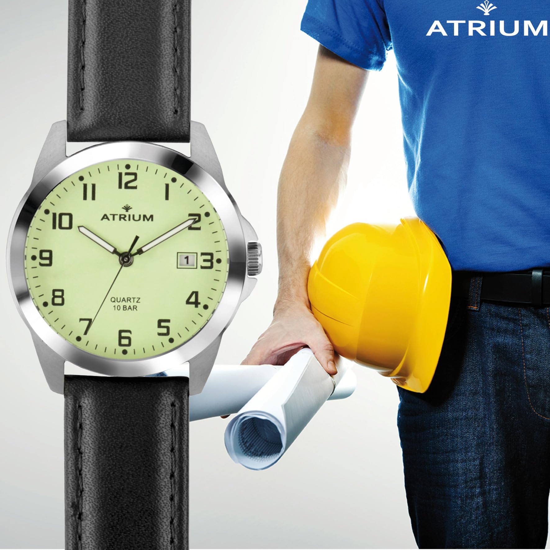 Atrium Herren-Armbanduhr Edelstahl silberfarben Analog Quarz 10 bar mit Datum, Leuchtzeiger, sehr deutliches Zifferblatt Hellgrün Leuchtblatt und Lederband schwarz A16-12