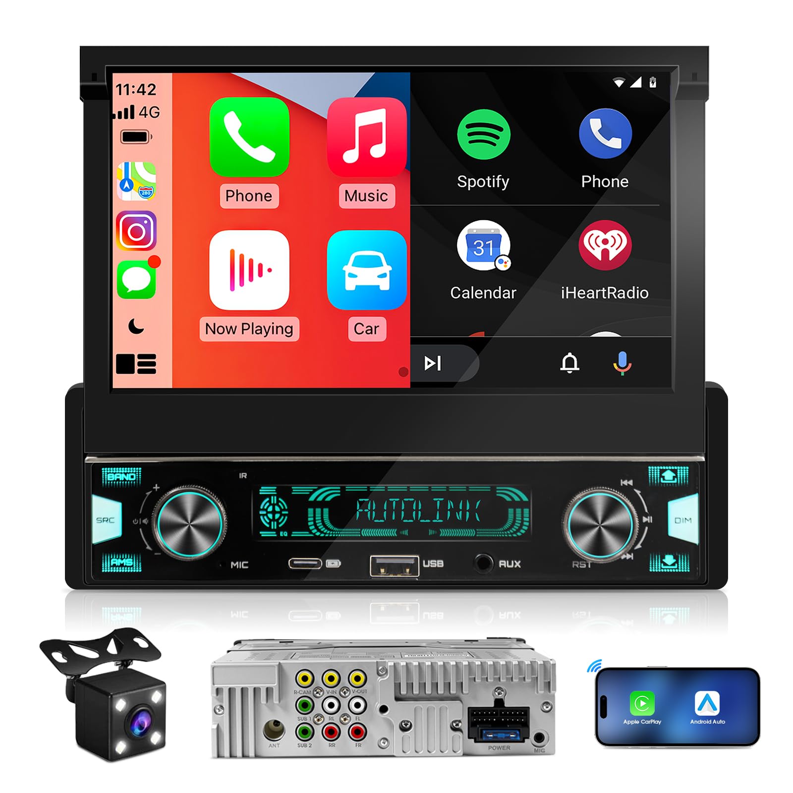 Single Din Flip-Out Touchscreen Radio: 7 Inch Wireless CarPlay Android Auto Car Stereo with Backup Camera Bluetooth 300W 4.2 CHN 2 Subwoofers Outputs