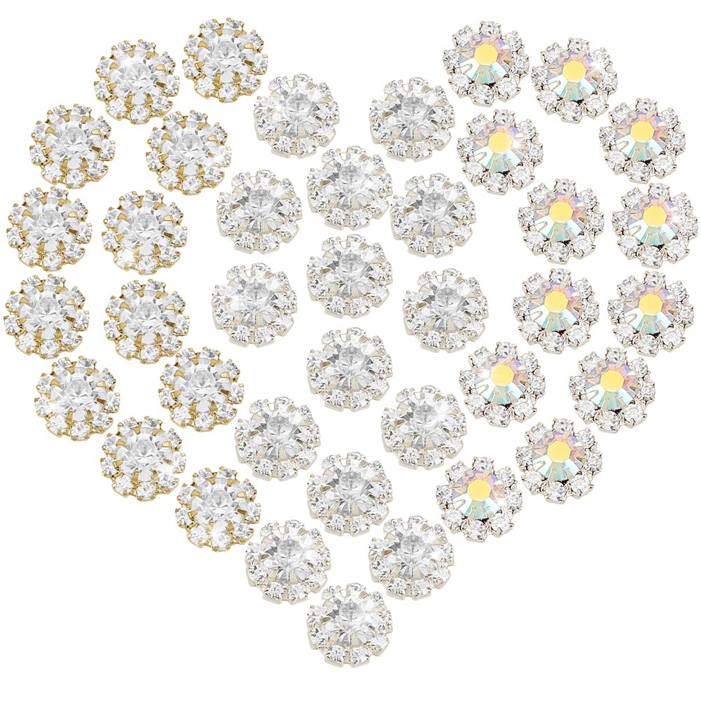 AHANDMAKER 70pcs 10.5mm Rhinestone Embellishments Flatback 3 Styles Flower Crystal Button Accessory for Jewelry Making Wedding Bridal Bouquet Decoration Hair Accessories