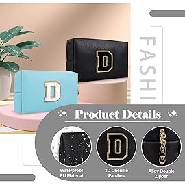 Personalized Initial A-Z Preppy Patch Makeup Bag,Small PU Chenille Letter Cosmetic Bag with Zipper for Teen Girls,Black Cute Toiletry Organizer Bag,Monogram Makeup Case Gift for Women Girls,Letter D