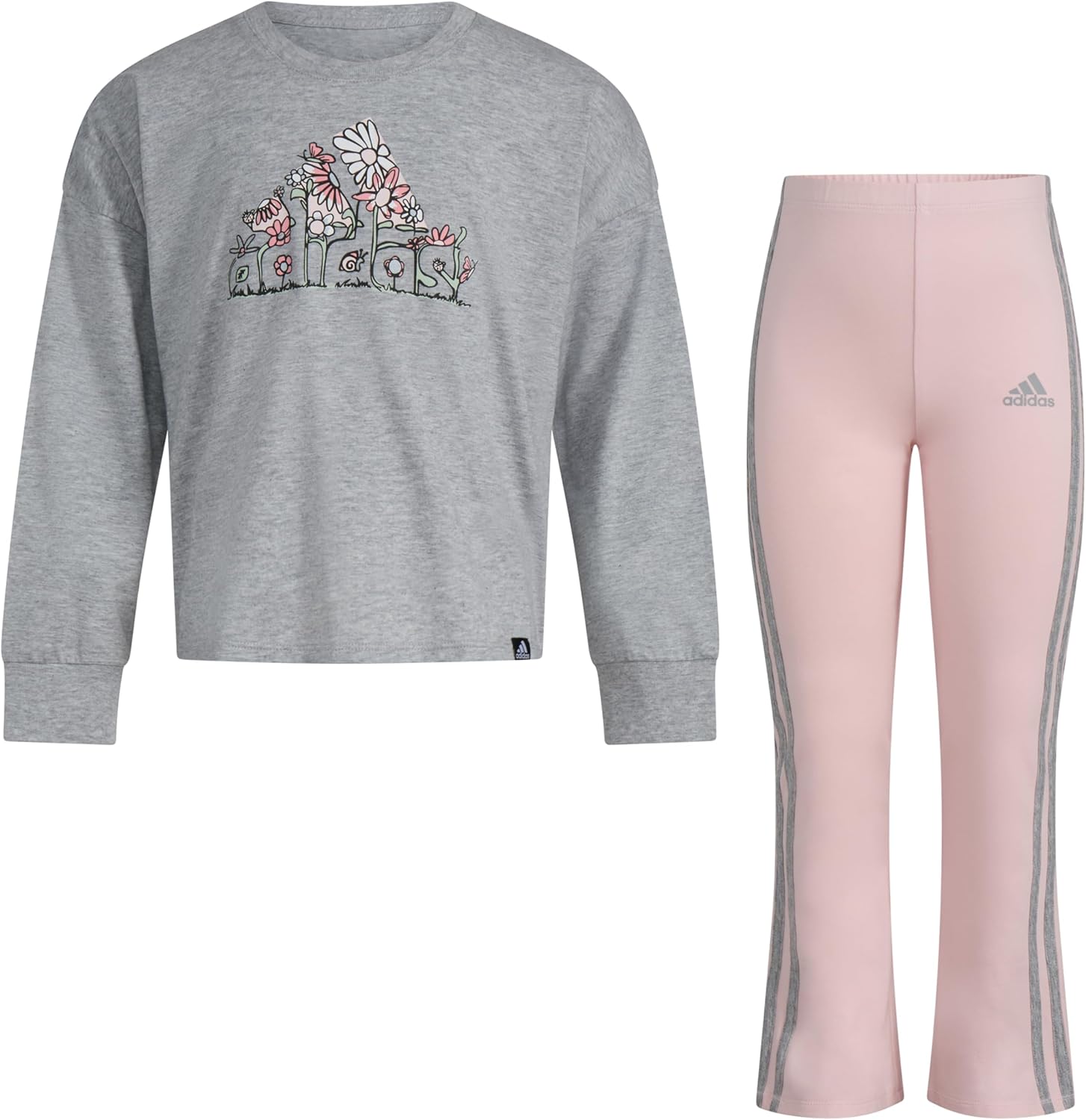 adidas Girls' 2-Piece Long Sleeve Graphic Tee & Flare Pant Set, Grey Heather Pink, 4
