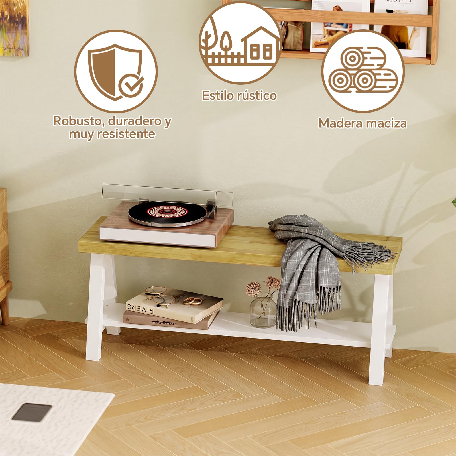 Banco De Madera Rústica De 110 Cm, Banco De Cama Con Espacio De Almacenamiento, Madera Maciza, Banco De Zapatos, Zona De Entrada, Banco De Comedor, Banco De Cocina, Banco De Balcón