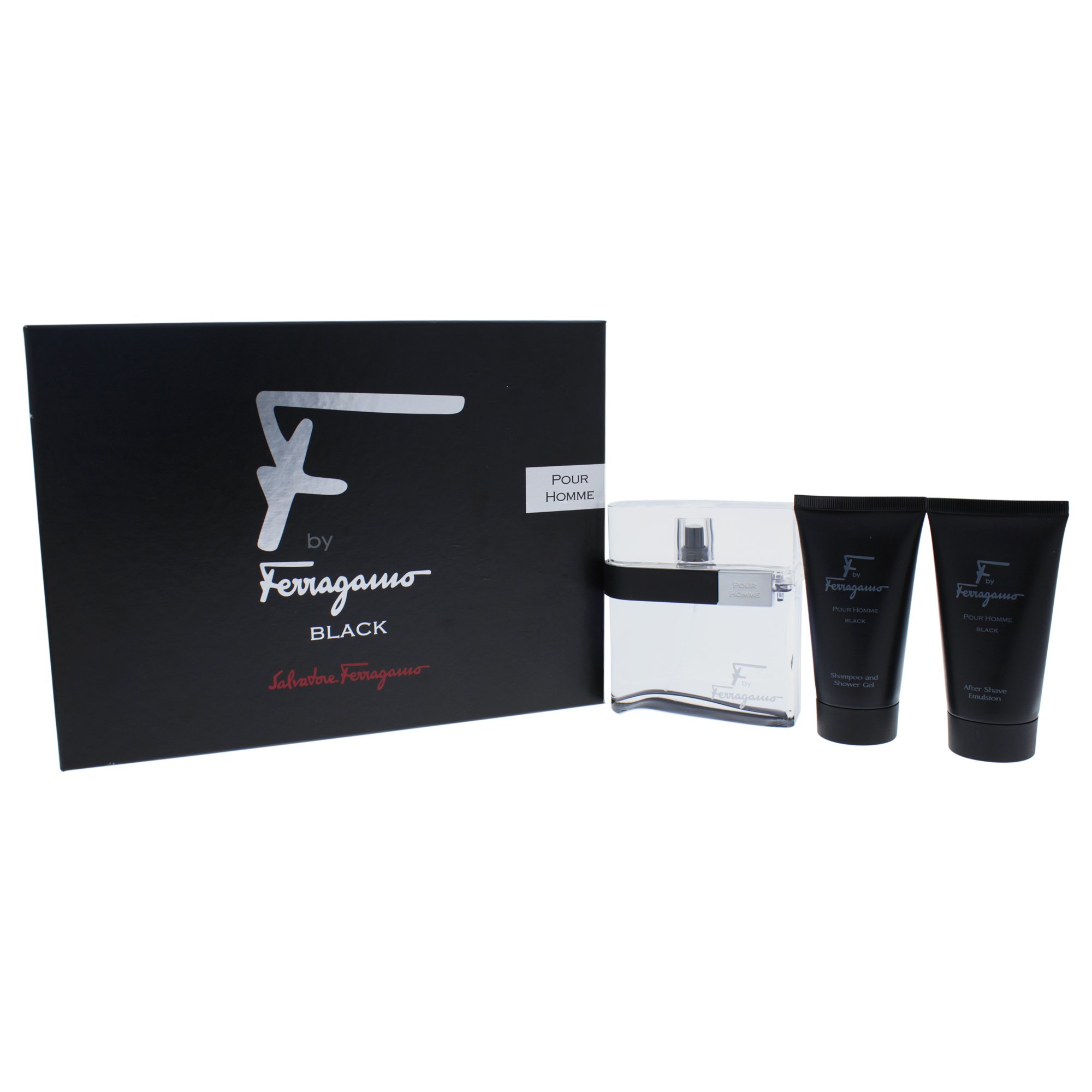 Salvatore Ferragamo F Black Pour Homme 3 Piece Gift Set for Men (3.4 Ounce Eau De Toilette Spray + 2.5 Ounce Shower Gel + 2.5 Ounce After Shave Balm)