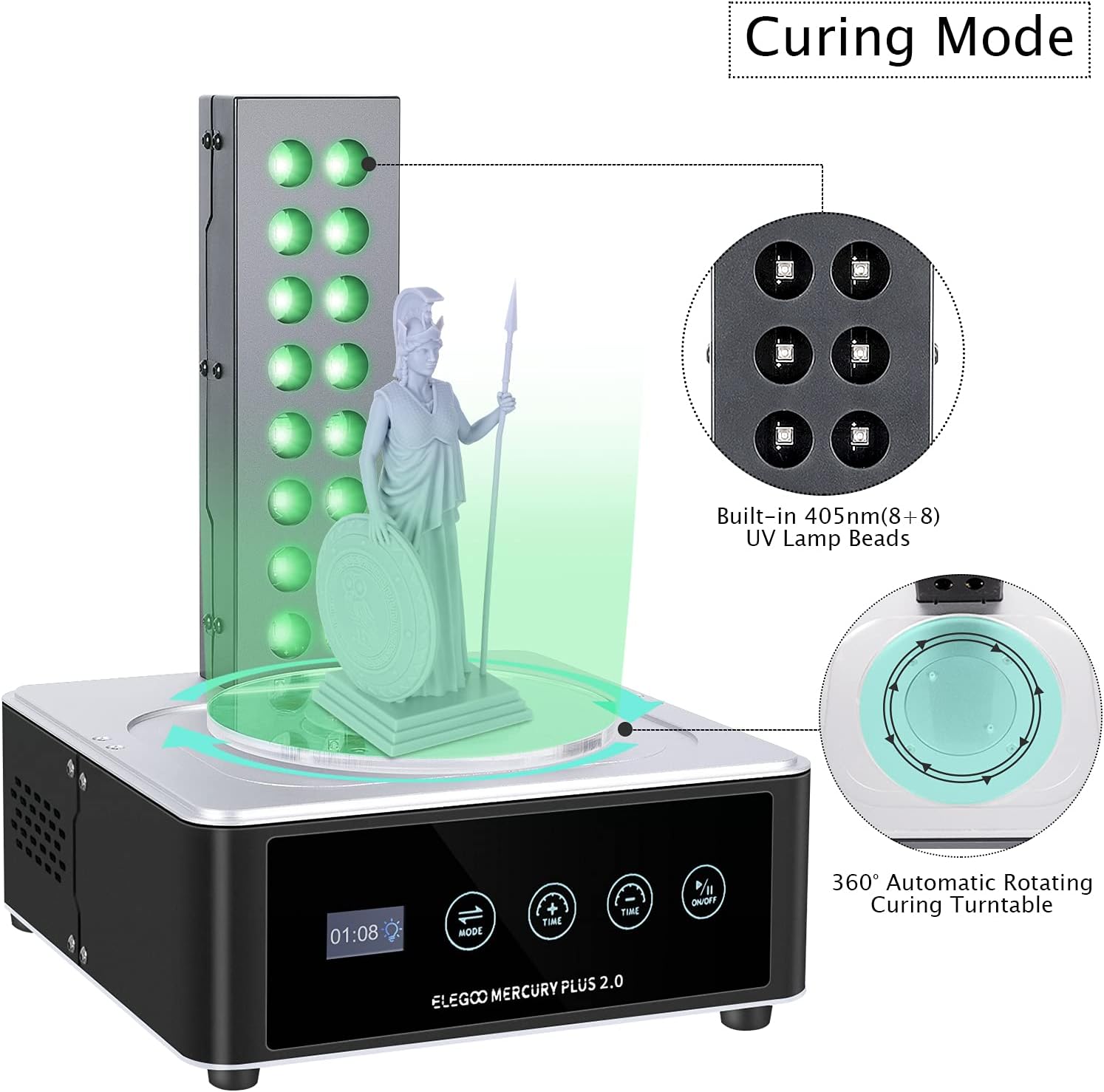 ELEGOO Mercury Plus 2.0 Large Wash and Cure Machine for LCD/SLA/DLP 3D Printing Models Cure Box with Rotary Curing Turntable and Washing Bucket