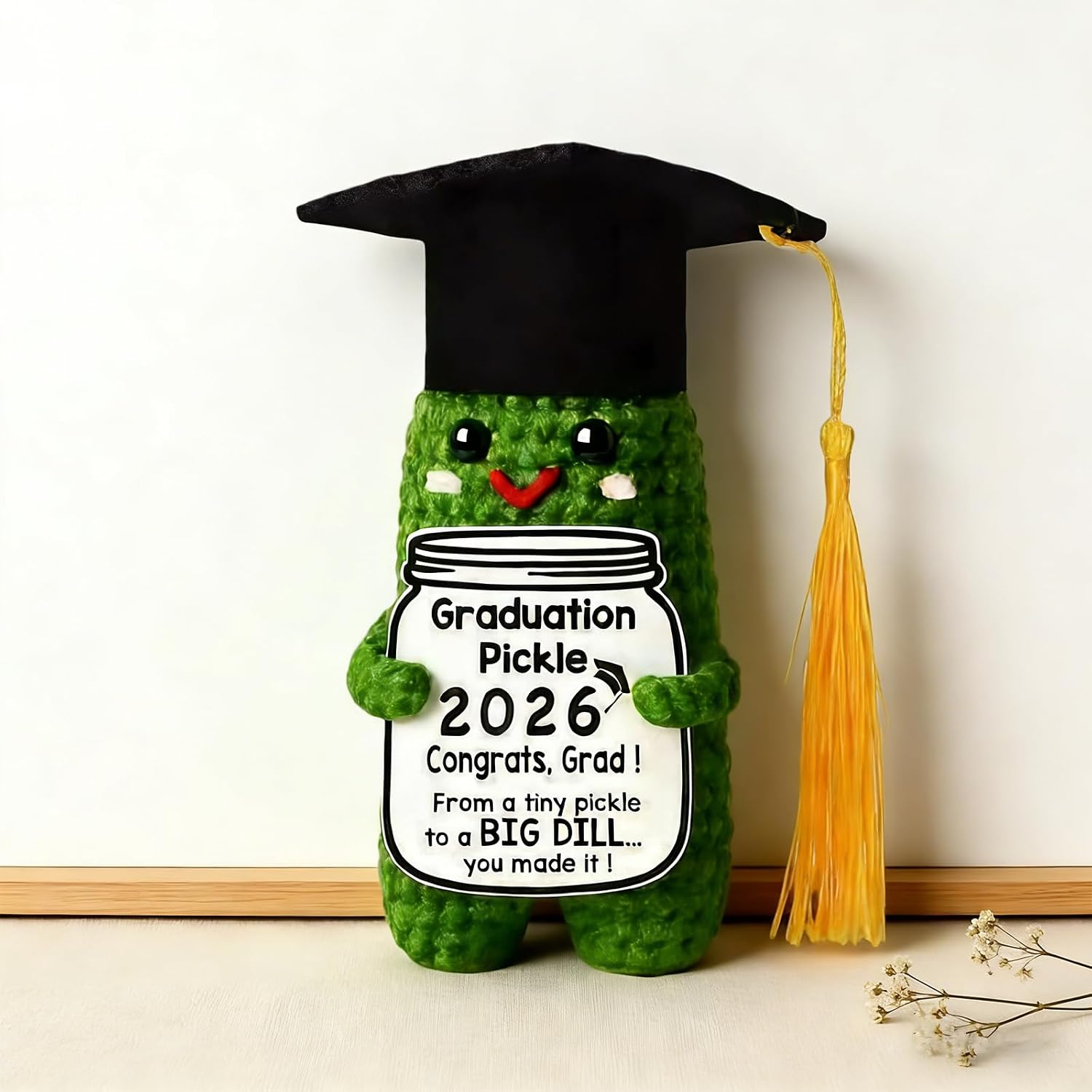 2026 Graduation Gift Cute Funny Handmade Crochet Pickle- Unique Grad for High School and College Graduates with 5 Color Tassels