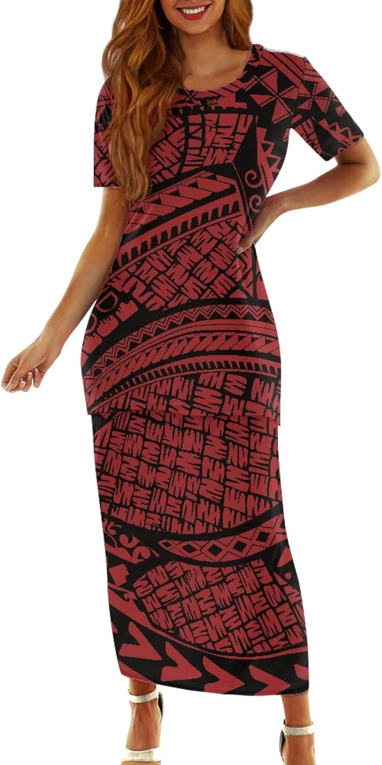 Puletasi Samoan Traditional Maxi Skirt Sets Polynesian Tribal Tapa Totem Women Island Short Sleeves Set Maxi Dress