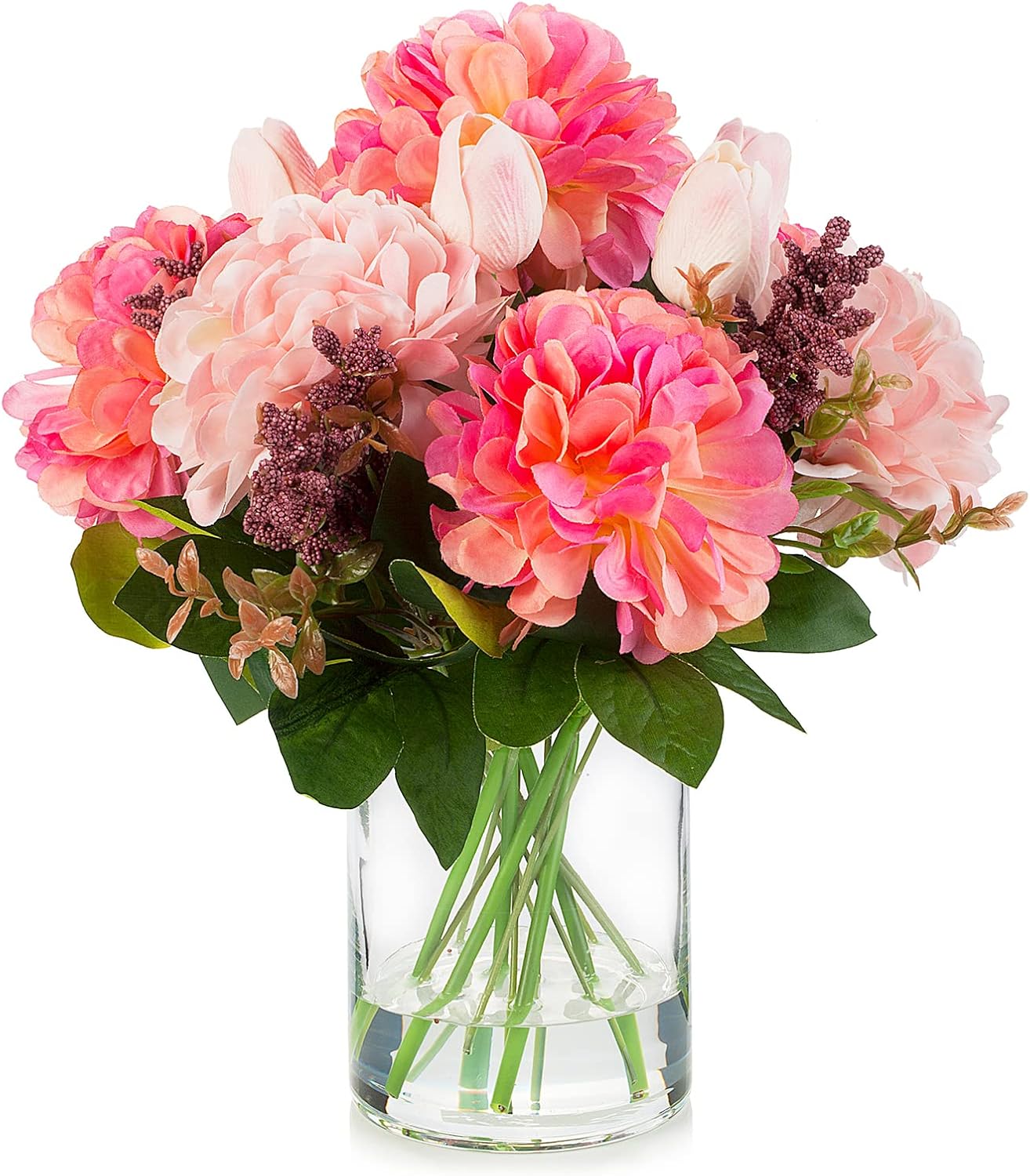 ENOVA FLORAL Tulip Real Touch Artificial Flower Arrangement with Vase, Mixed Dahlia Silk Flower in Vase for Dining Table Decorations, Wedding Centerpiece (Pink)