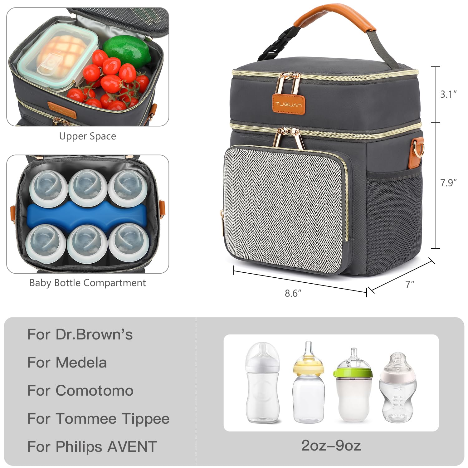 TUGUAN Muttermilch Kühltasche Thermotasche für Babyflaschen mit Eisbeutel für 6 Flaschen Doppelstock Isolierte Kühler Perfekt für Reisen, Stillende Mütter