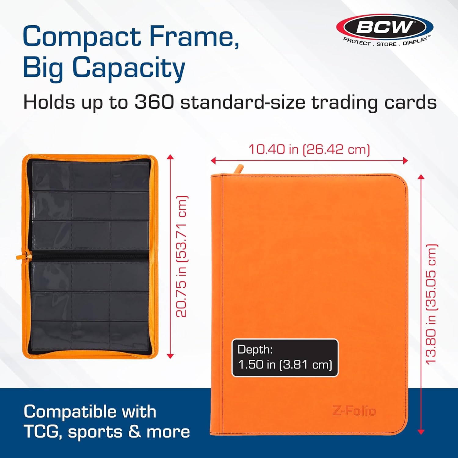 BCW Z-Folio 9-Pocket LX Album - Orange | Secure Zipper Card Organizer | Premium Leatherette Card Collection Binder | Trading Card Binder for Pokemon, MTG, Sport Cards and More