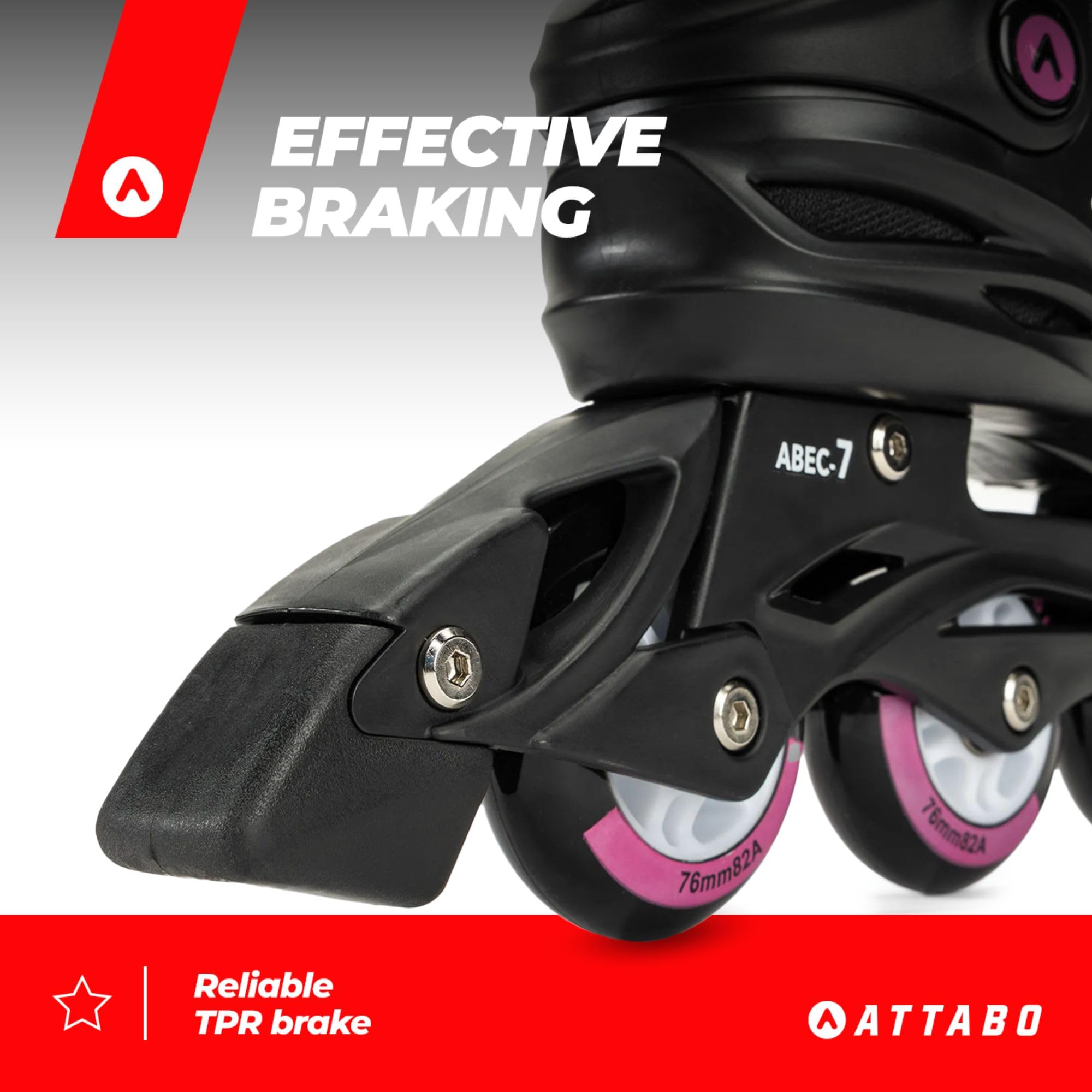 ATTABO Cyclone Fitness Rollers pour Femme Taille 36-42 EU ABEC-7 Roues PU 82A Coque TPR Semi-Dure Frein Confort Stabilité Triple Ajustement Matériaux durables Couleur Noir/Rose