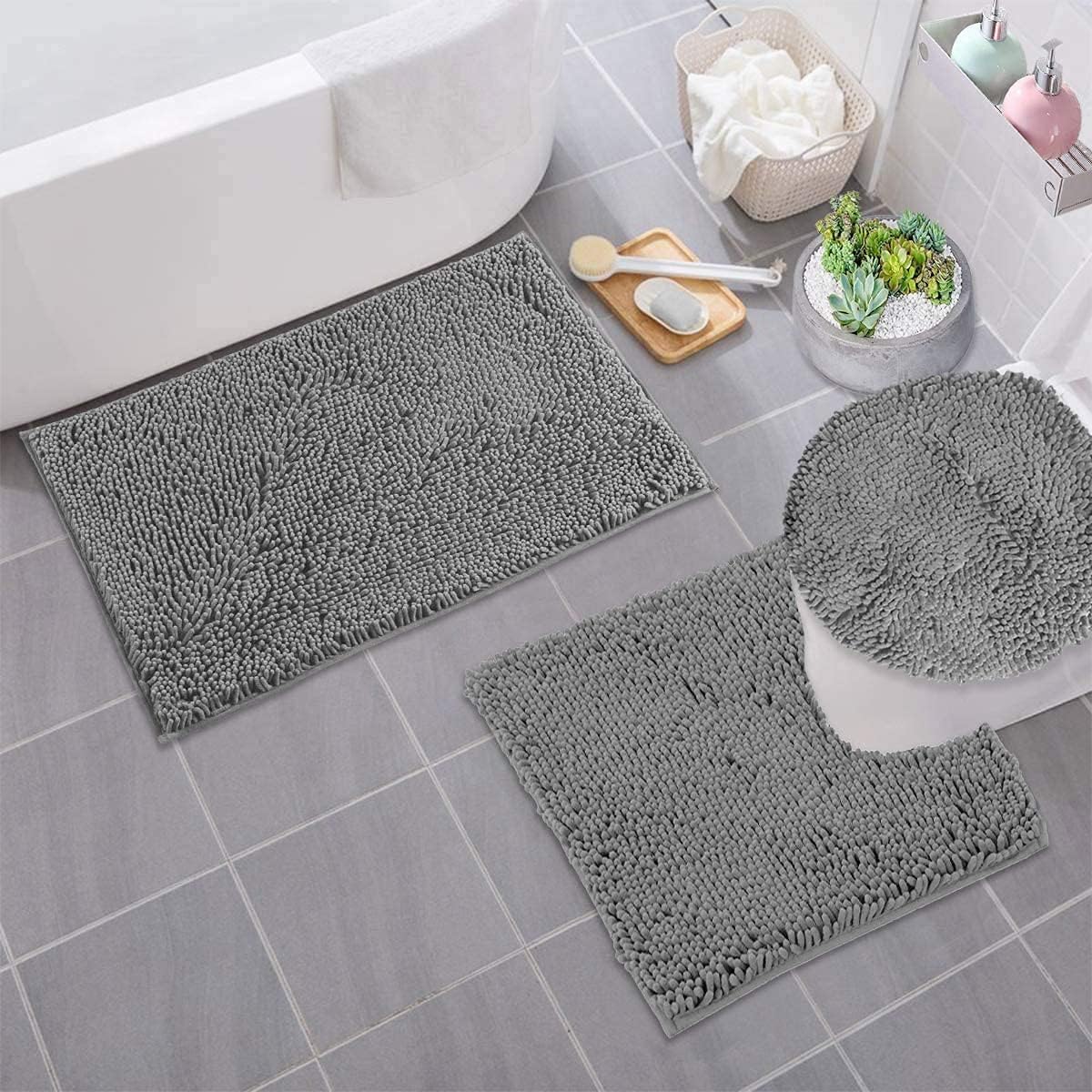 LuxUrux Complete Your Bathroom Décor Bathroom Rugs 3pc Non-Slip Shaggy Chenille Bathroom Mat Set, Includes U-Shaped Contour Toilet Mat, 20 x 30'' and 18 x 20'' Lid Cover