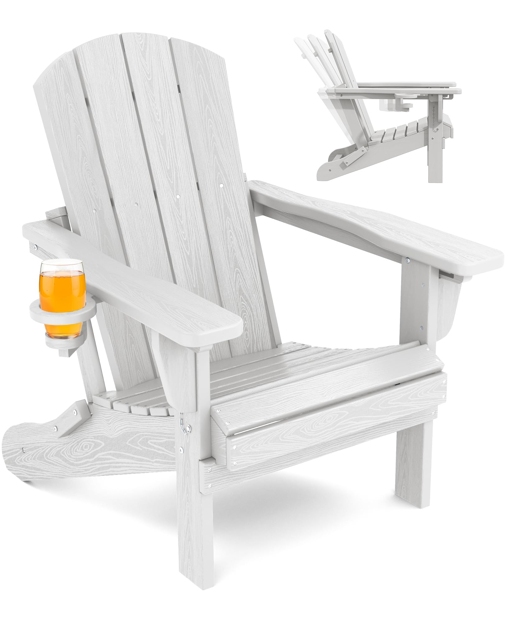 SERWALLFolding Adirondack Chair, Adirondack Outdoor Chair with Cup Holder, Adjustable Adirondack Chair with 3 Recline Positions, All Weather HDPE Outdoor Adirondack, White