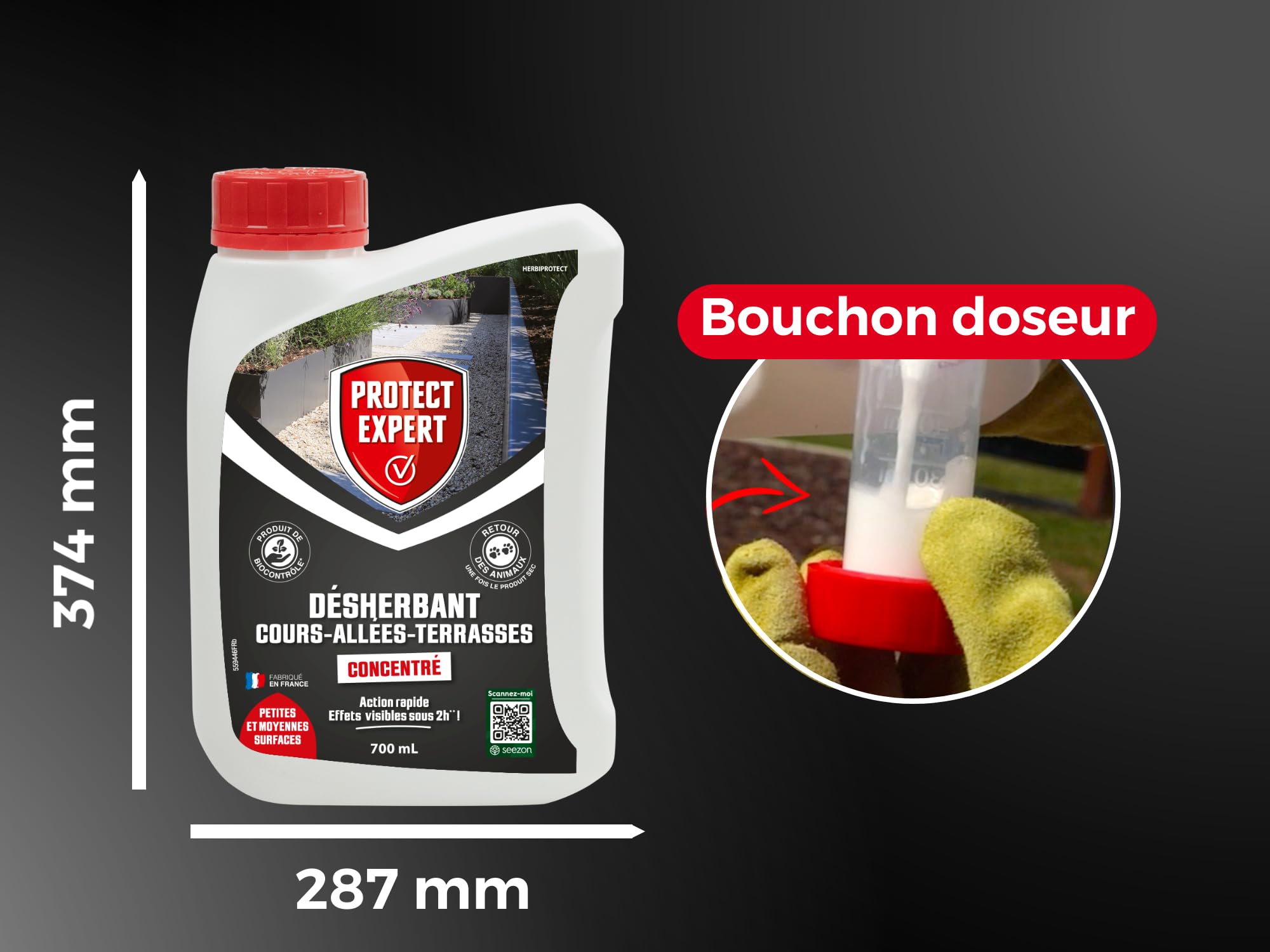 PROTECT EXPERT Désherbant Concentré - Cours Allées Terrasses - Effets Visibles Sous 3h - 700ml - Jusqu’à 58m² Traités - Bidon Doseur PROCOUR700