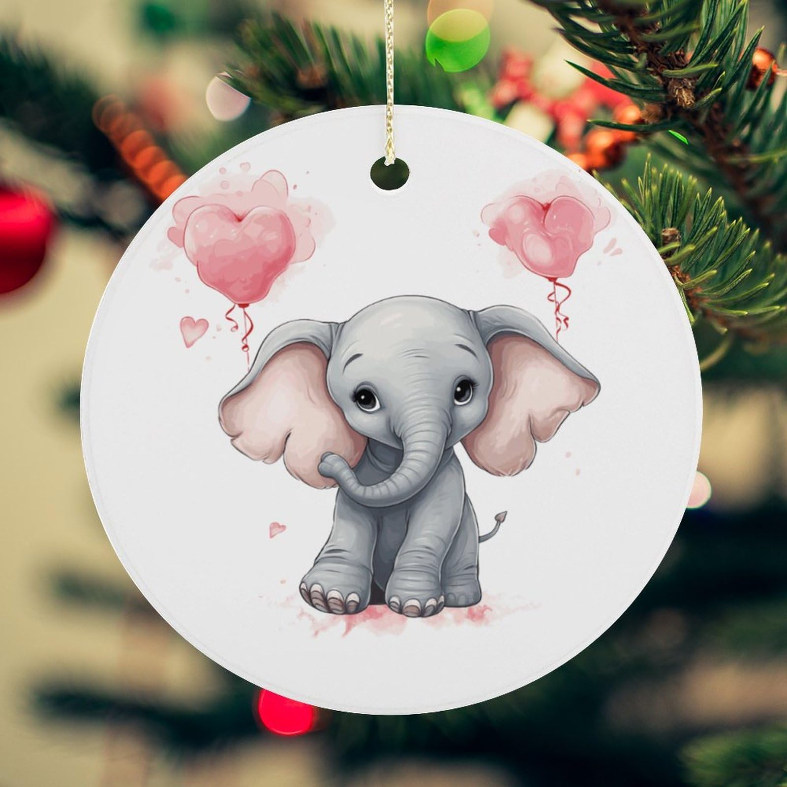 Cute Cartoon Baby Elephant Hold Heart Christmas Ornament for Christmas Tree Ceramic Round Ornament Winter Holiday Keepsake Gift 2.7" Christmas Tree Hanging Decorations Circle Ceramic Pendant Xmas Gift