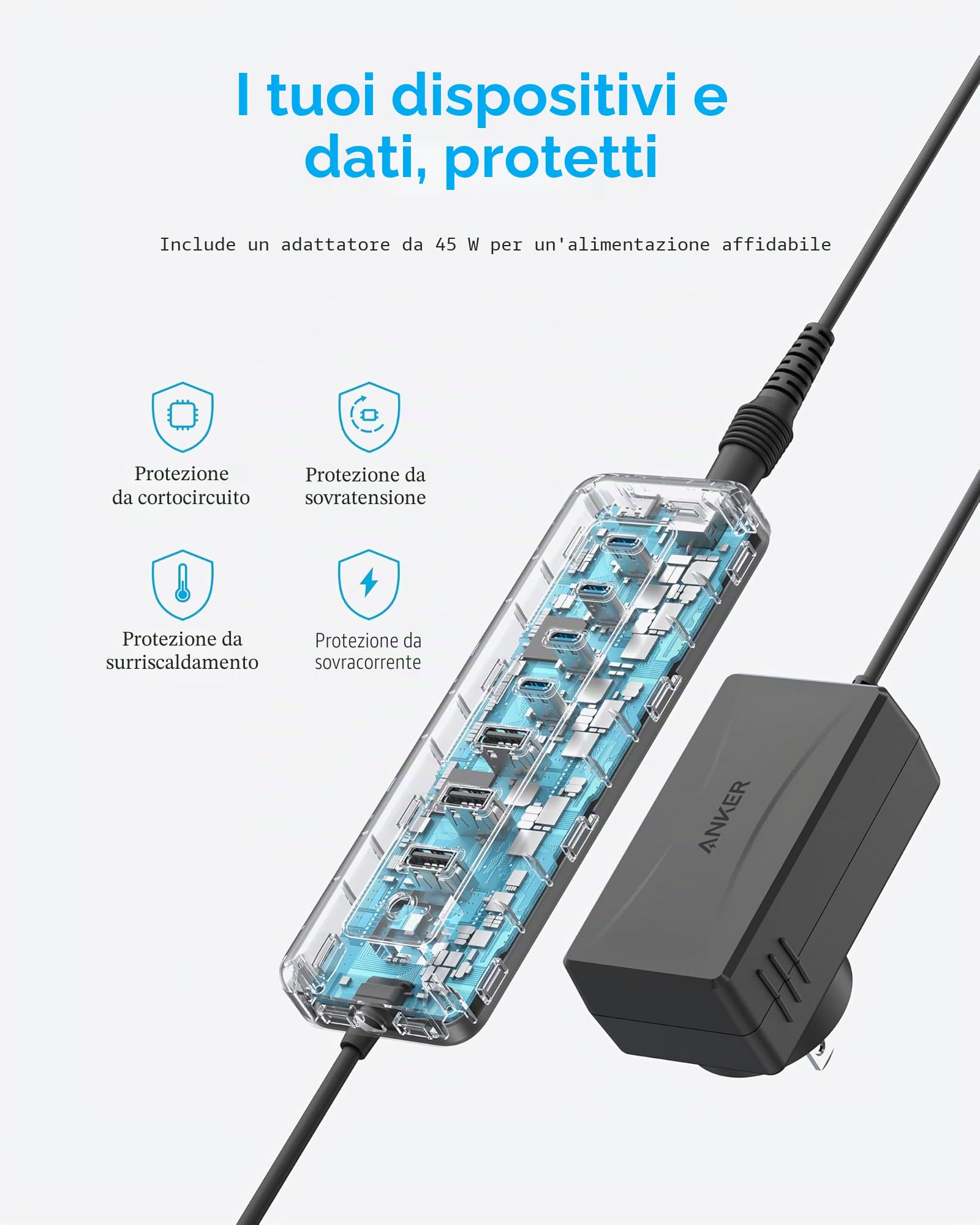 Anker Hub USB C, hub dati 8 in 1 da 5 Gbps, splitter USB con 3 porte USBA e 4 porte USBC, PD-in da 100 W, connettore USB 2 in 1, per laptop, MacBook, iPad e altro (adattatore da 45 W incluso)